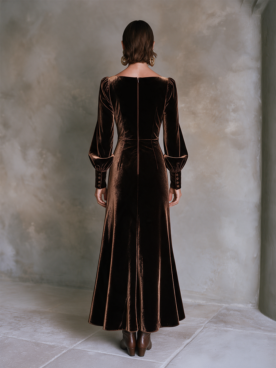 Women's Coffee Brown Velvet Diagonal-Button Balloon Sleeve Maxi Dress