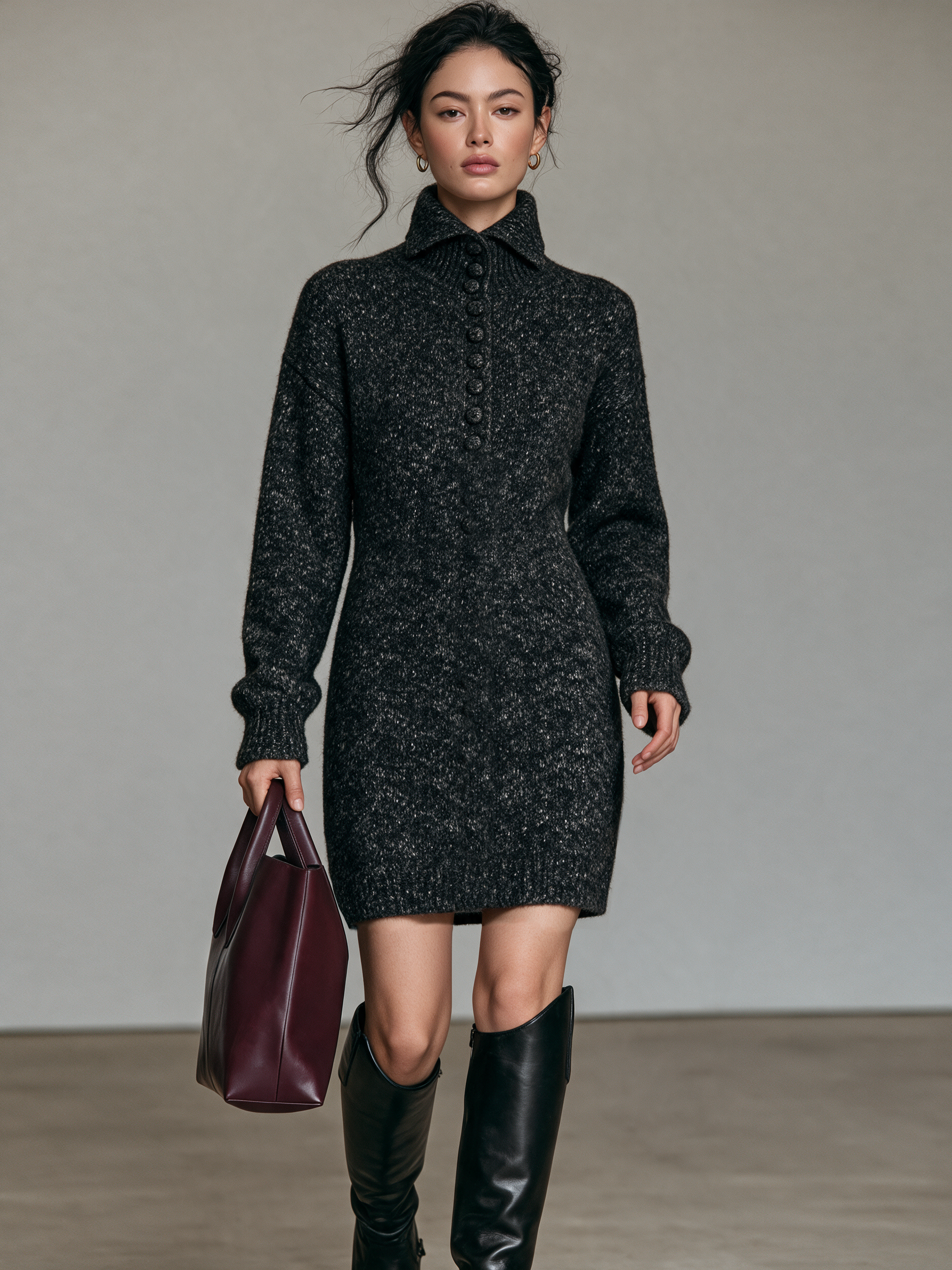 Women’s Vintage-style Button-detail High-neck Mini Sweater Dress