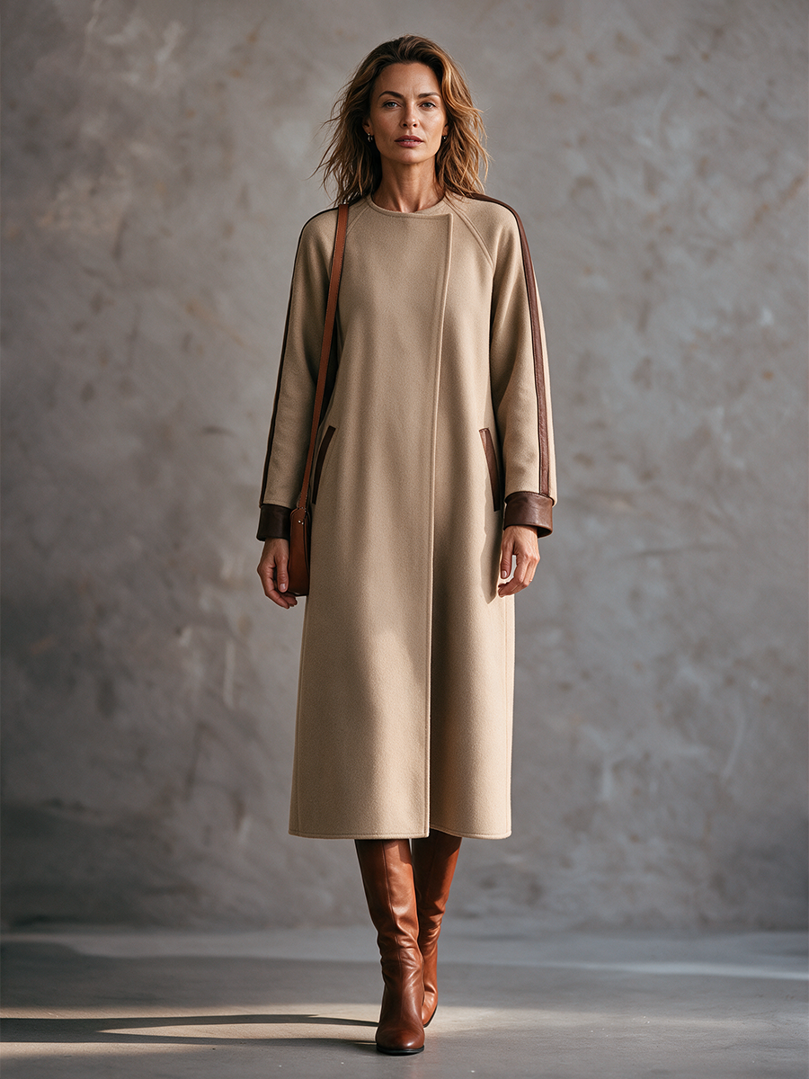 Women's Camel Leather Trim Crew Neck Raglan Sleeve Midi Coat