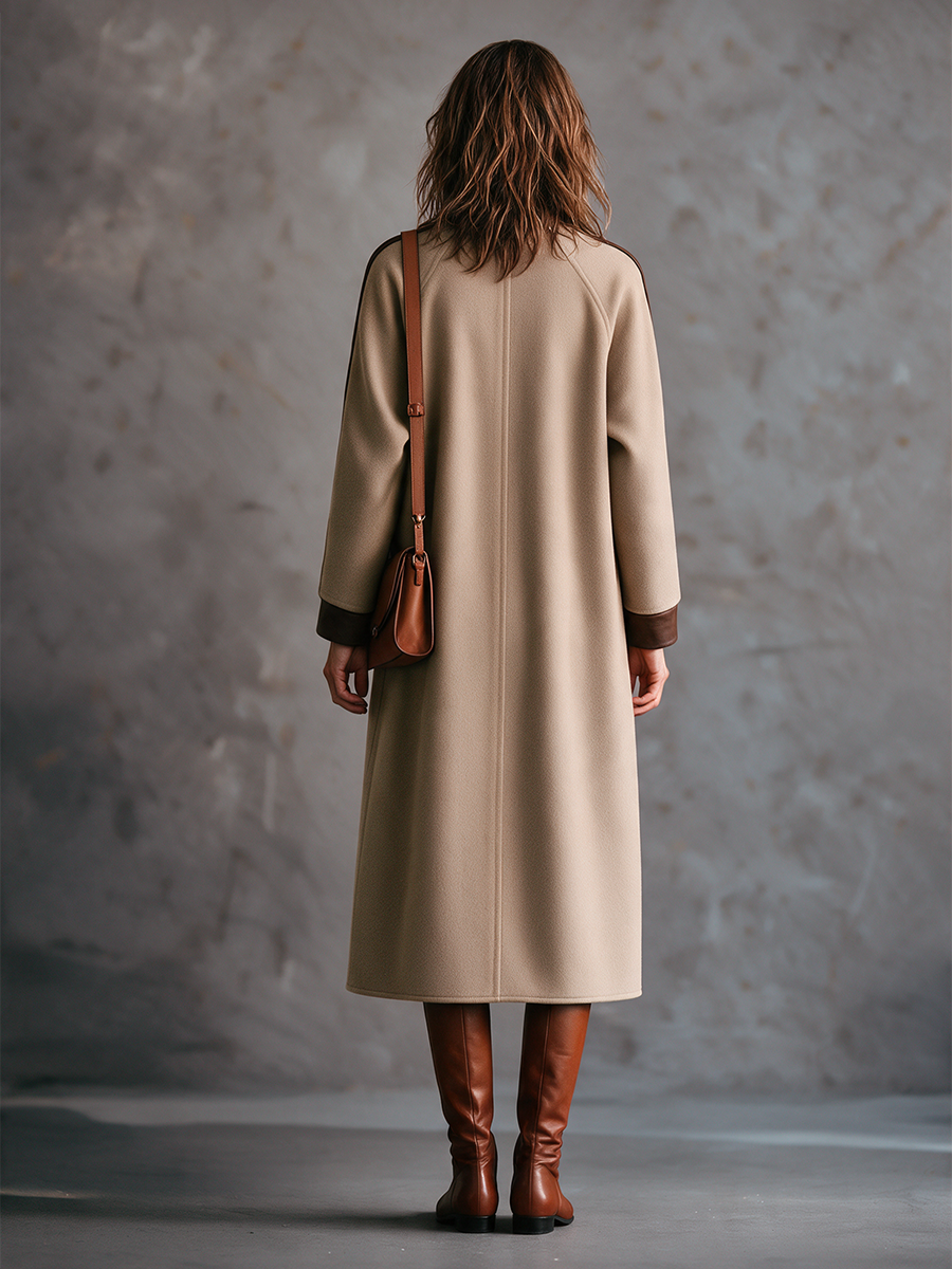 Women's Camel Leather Trim Crew Neck Raglan Sleeve Midi Coat