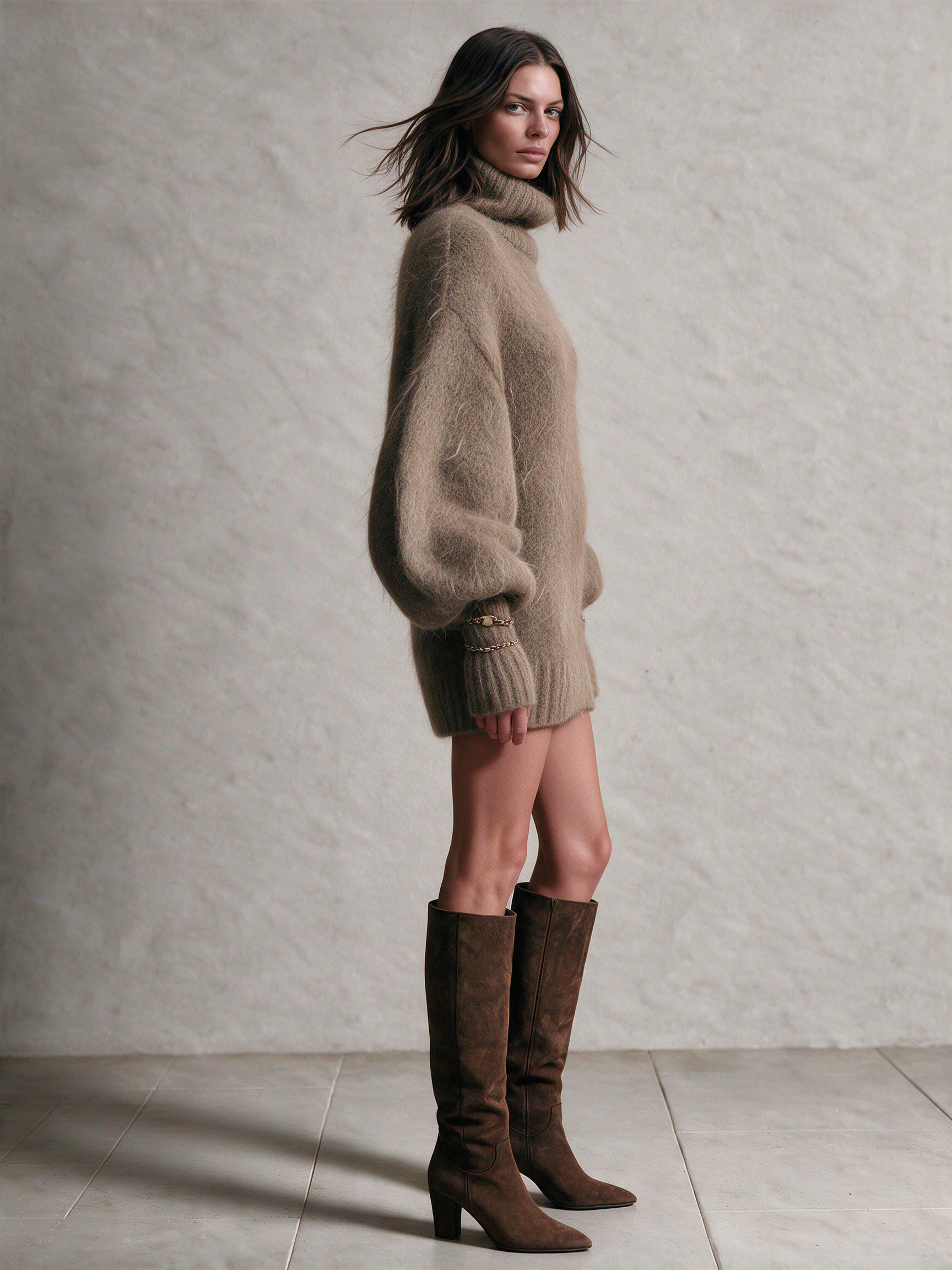 Women's Taupe Mohair Wool Knit Roll‑Neck Balloon Sleeve Mini Sweater Dress