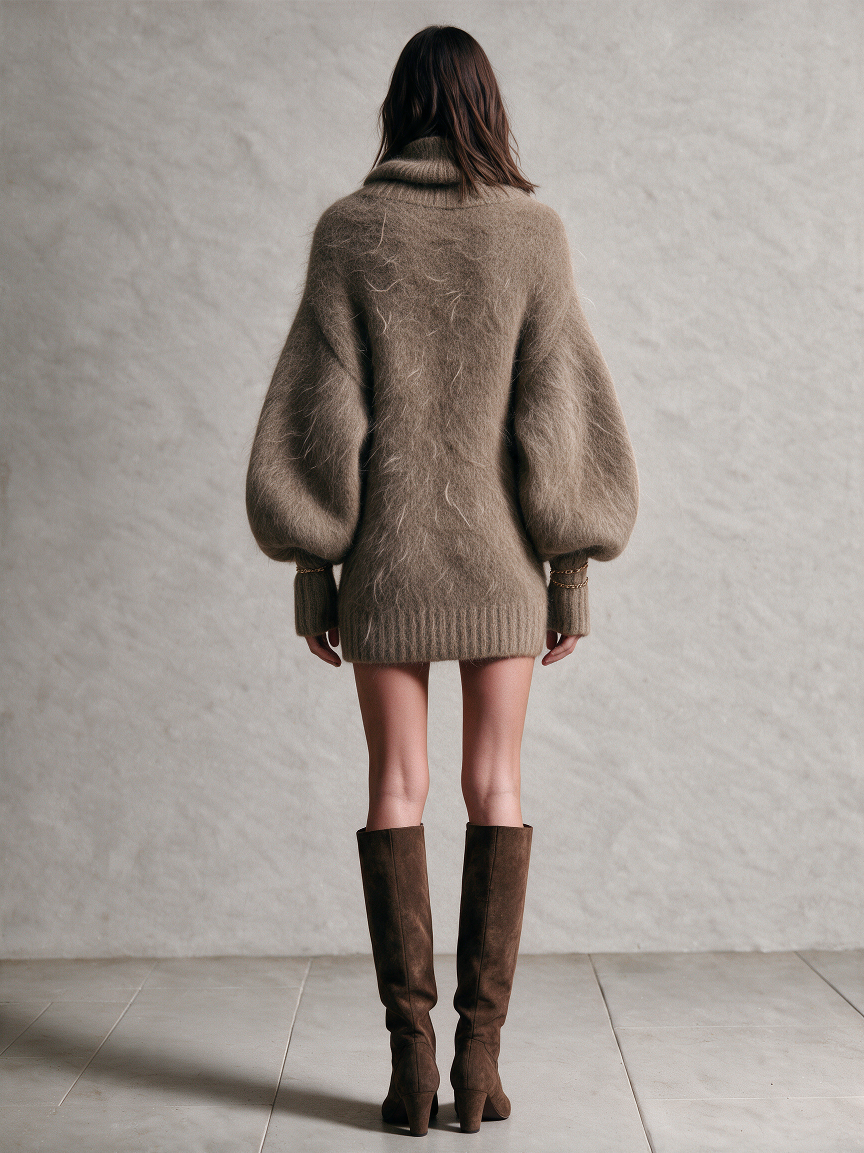 Women's Taupe Mohair Wool Knit Roll‑Neck Balloon Sleeve Mini Sweater Dress