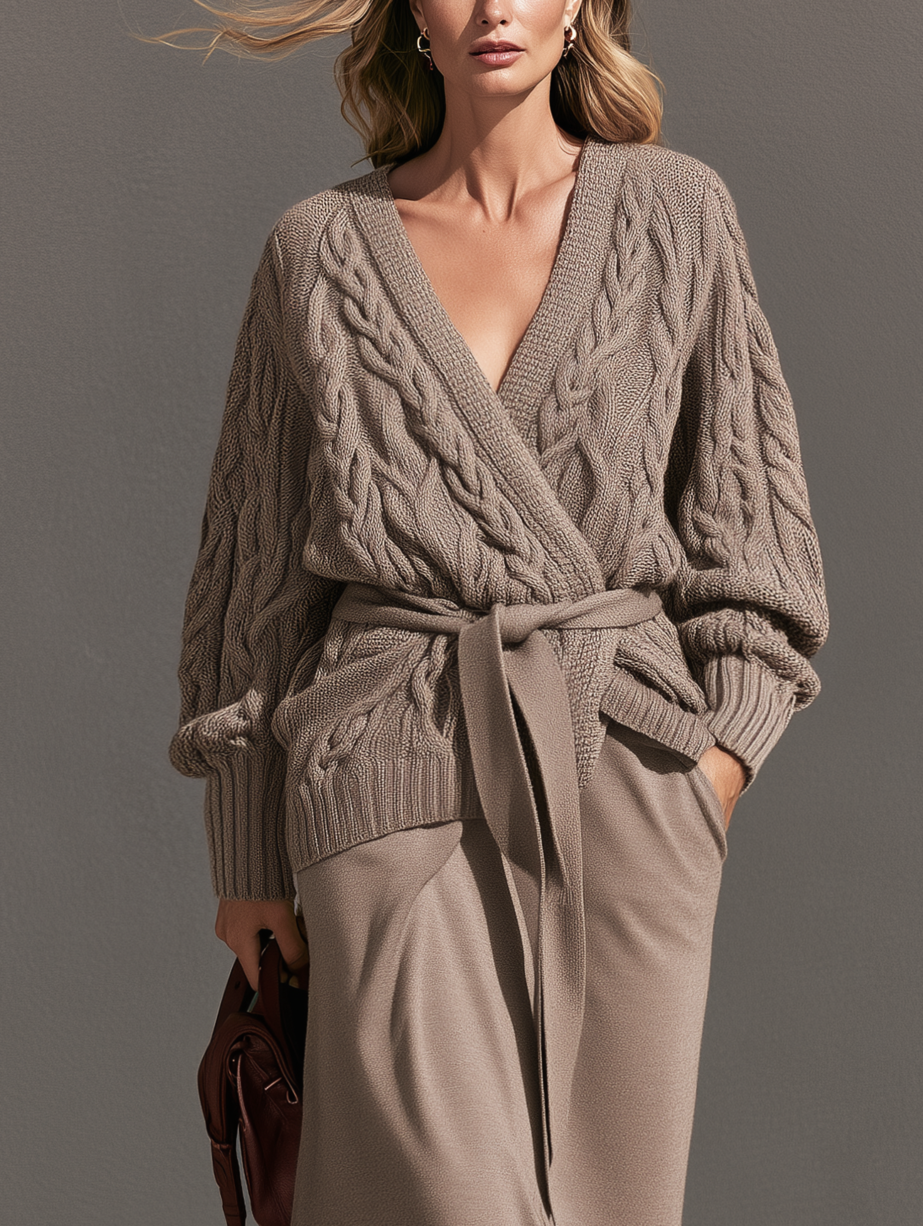 Women’s Elegant Brown Knitted Long-Sleeve Cardigan