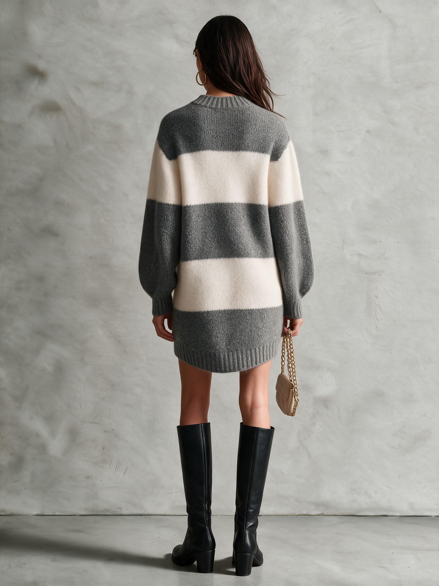 Women's Gray & Cream Wide Stripe Wool Knit Crewneck Balloon Sleeve Mini Sweater Dress