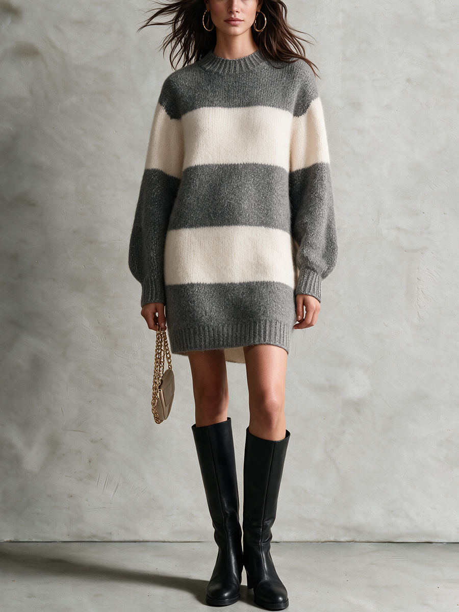 Women's Gray & Cream Wide Stripe Wool Knit Crewneck Balloon Sleeve Mini Sweater Dress