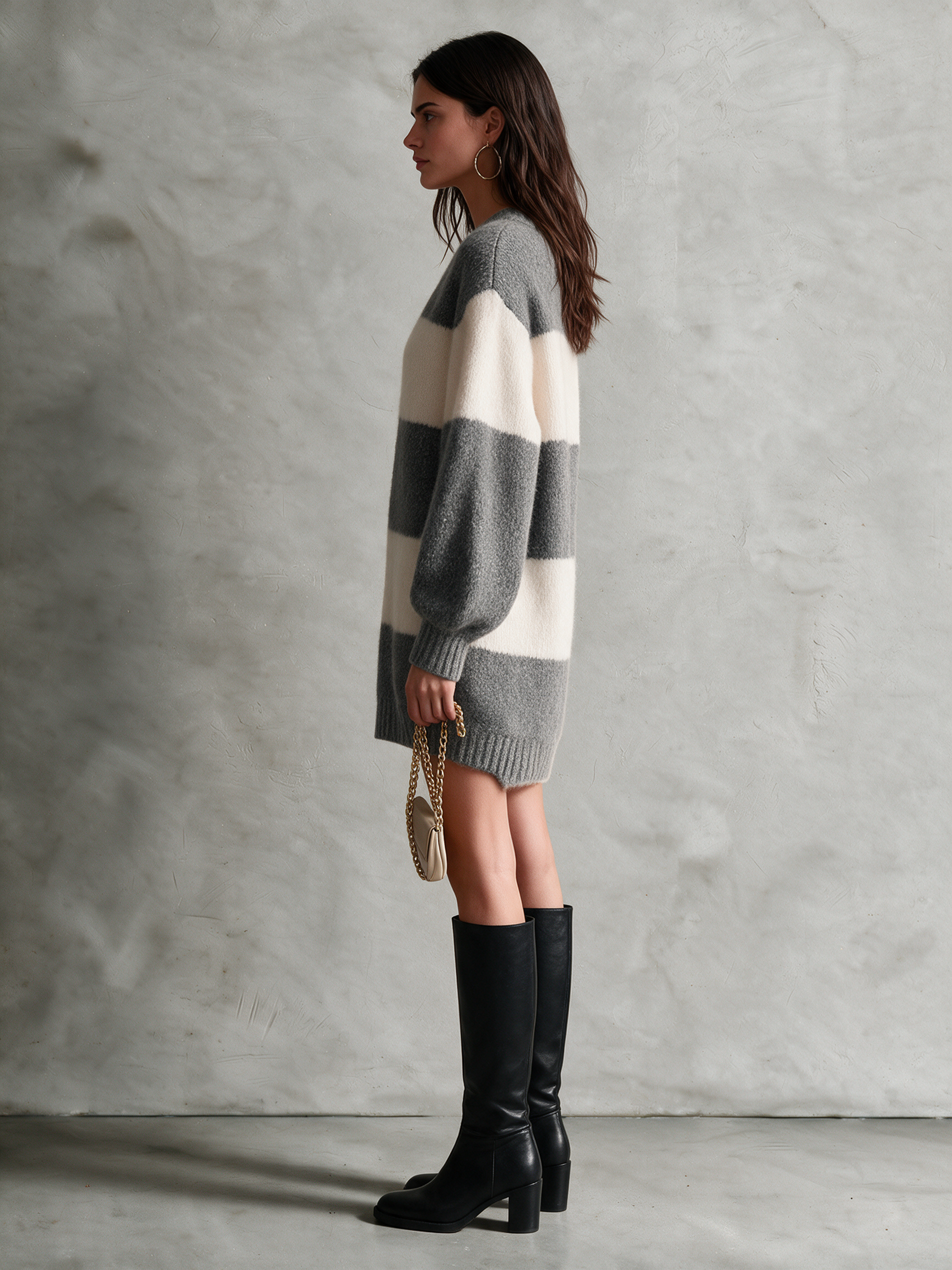 Women's Gray & Cream Wide Stripe Wool Knit Crewneck Balloon Sleeve Mini Sweater Dress