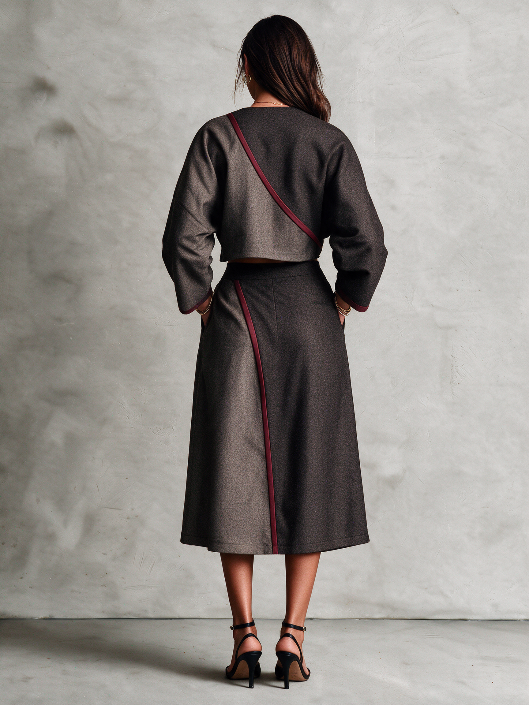 Women's Brown Woolen Color‑Block Cropped Top & Wrap‑Front A‑Line Midi Skirt With Burgundy Piping Two‑Piece Set
