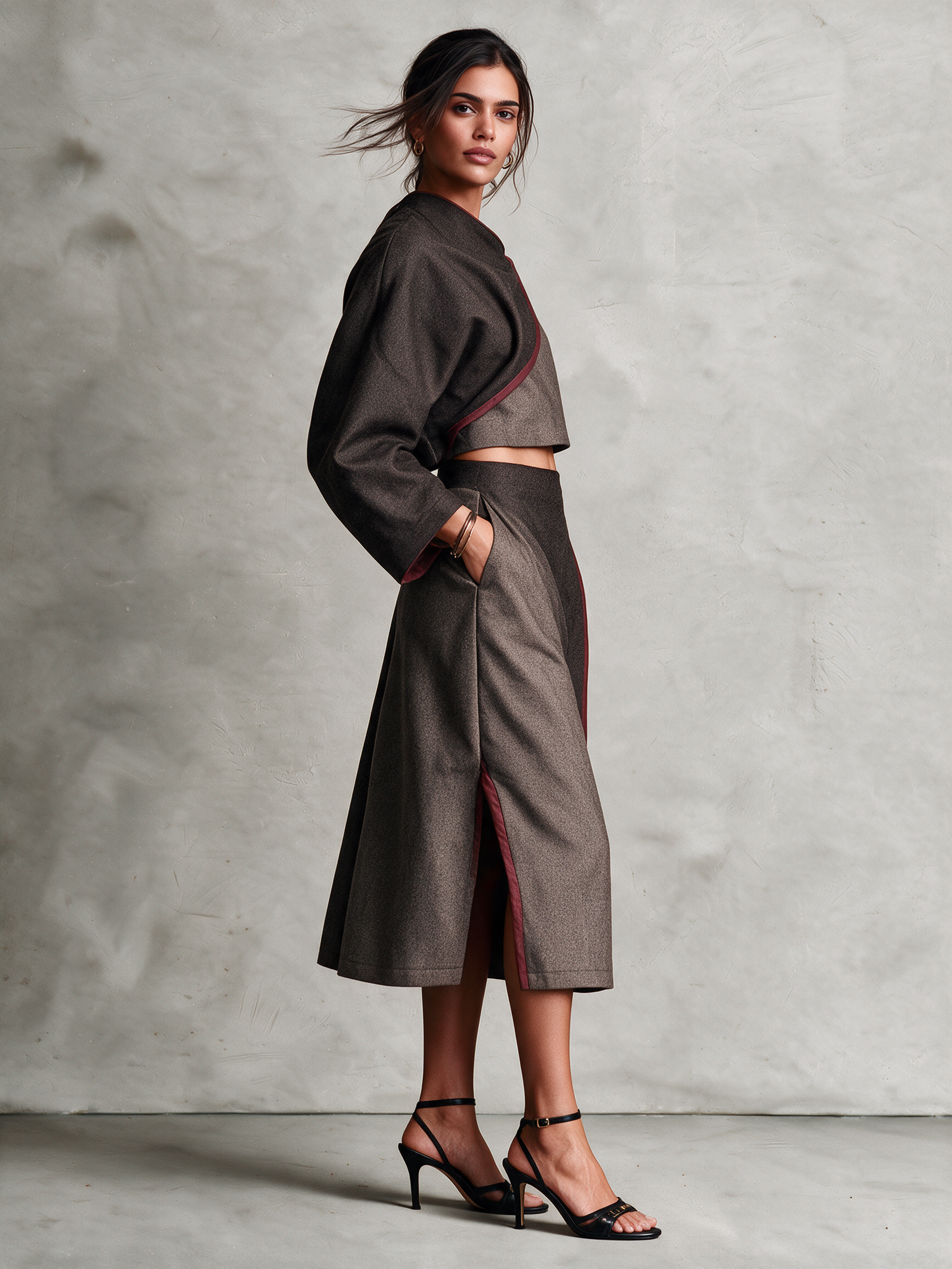 Women's Brown Woolen Color‑Block Cropped Top & Wrap‑Front A‑Line Midi Skirt With Burgundy Piping Two‑Piece Set