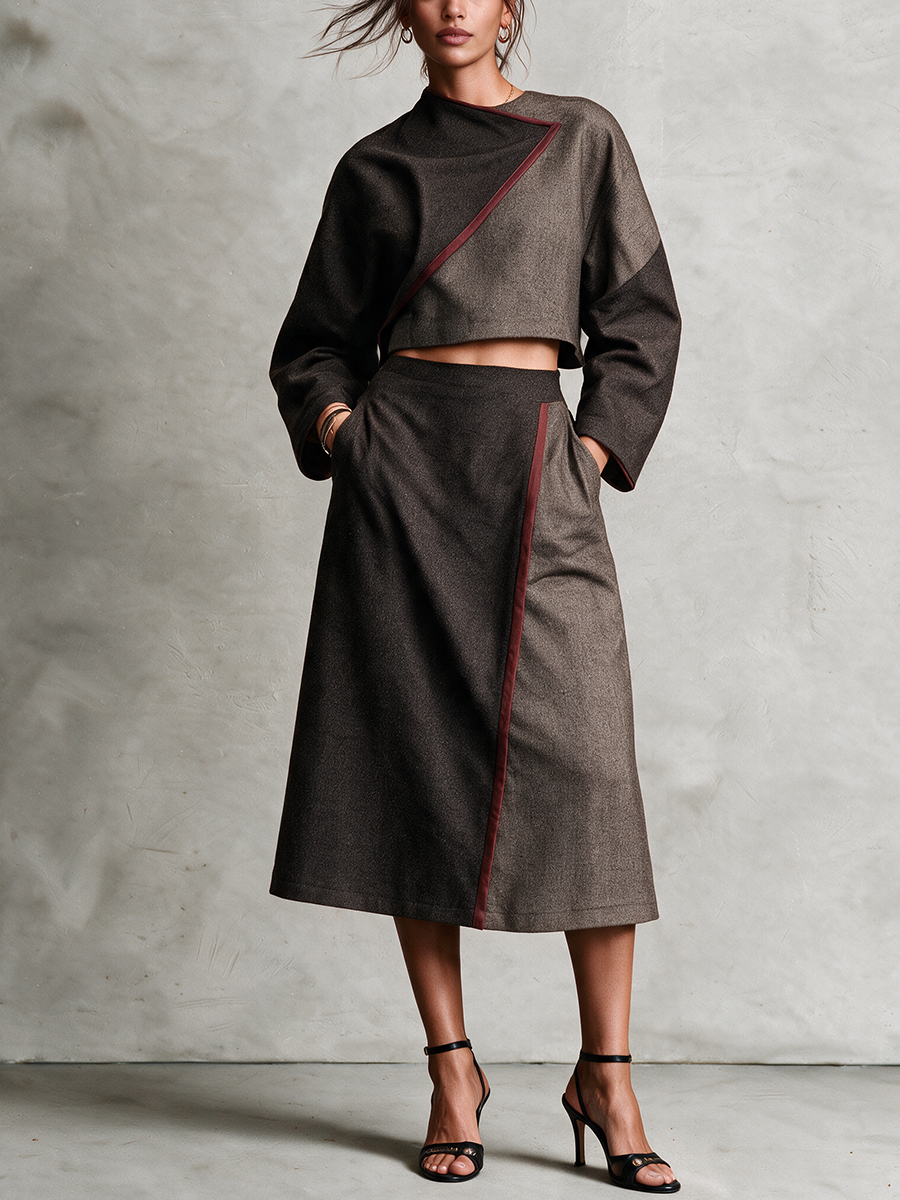 Women's Brown Woolen Color‑Block Cropped Top & Wrap‑Front A‑Line Midi Skirt With Burgundy Piping Two‑Piece Set
