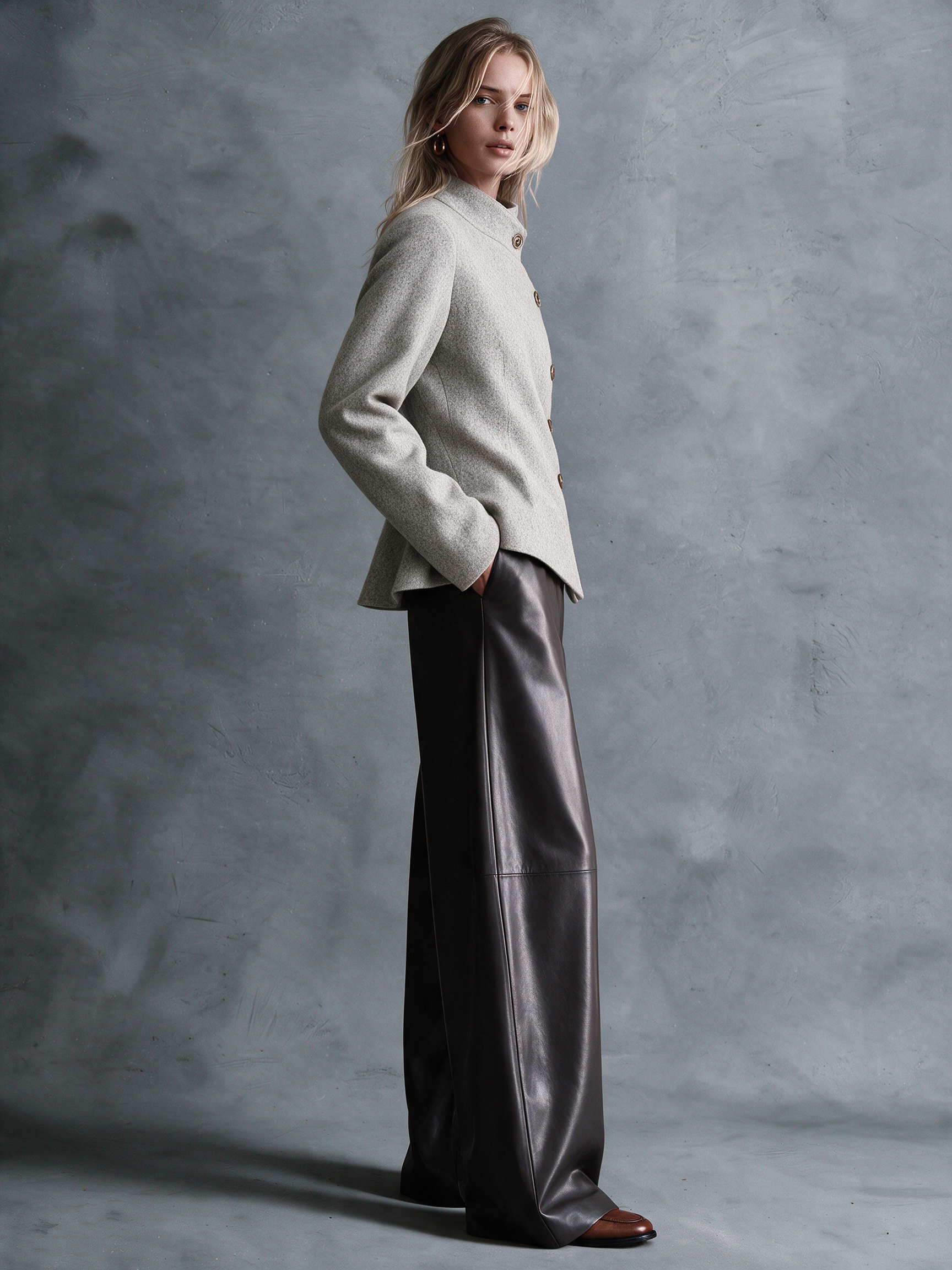 Women's Light Heather Gray Woolen Stand‑Collar Asymmetric Button‑Front Fitted Jacket With Peplum Hem