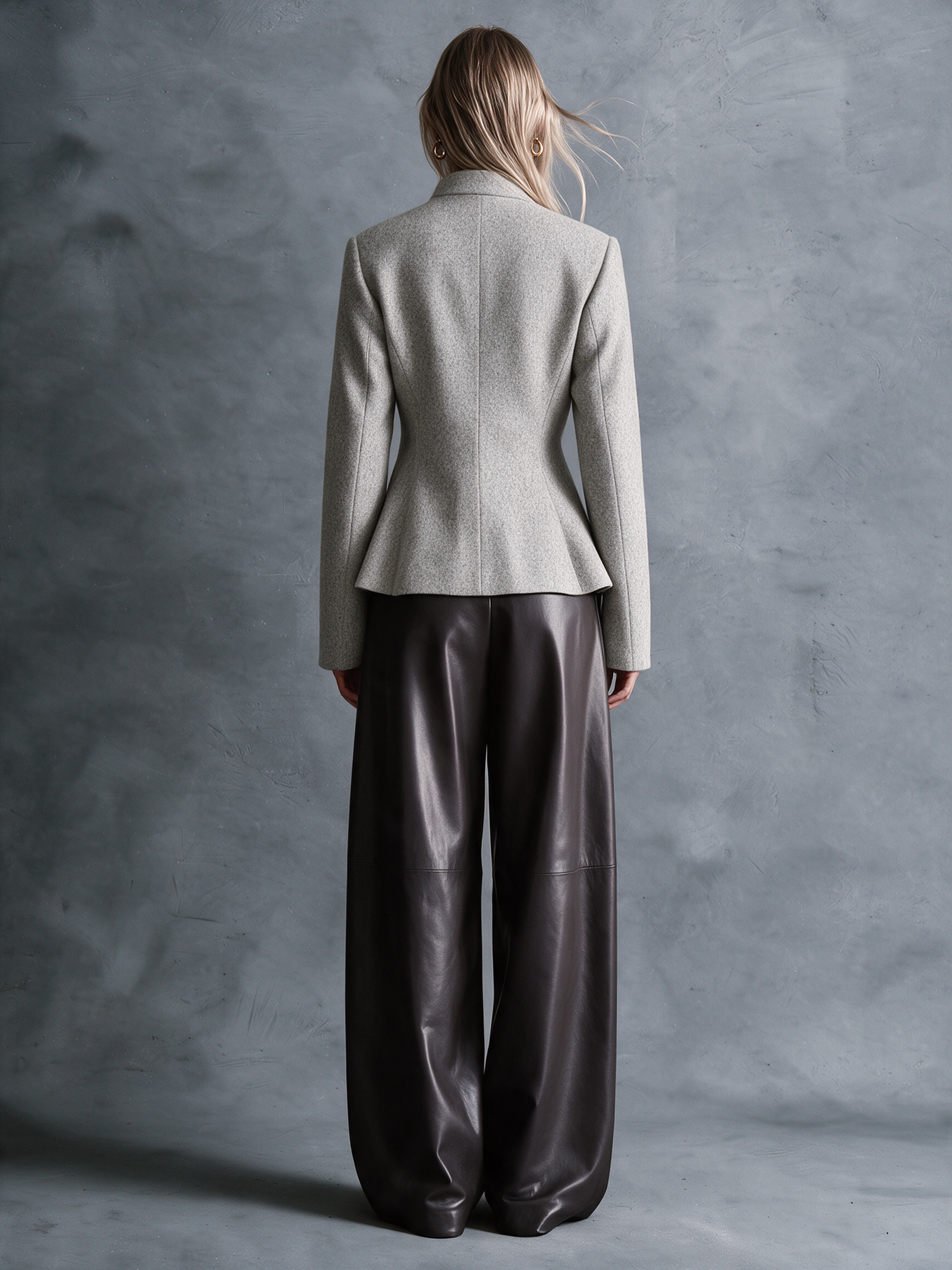 Women's Light Heather Gray Woolen Stand‑Collar Asymmetric Button‑Front Fitted Jacket With Peplum Hem
