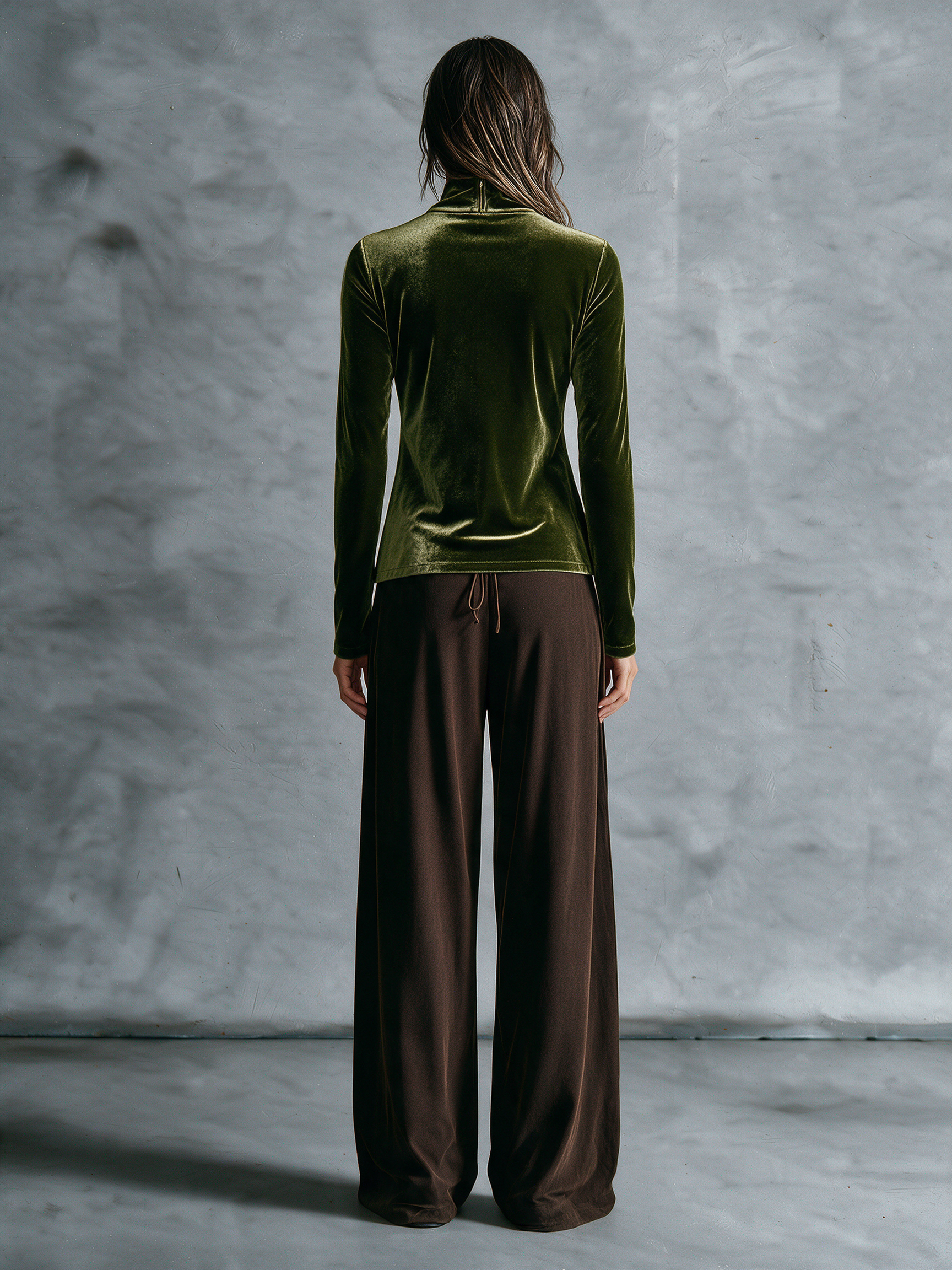 Women's Olive Green Velvet Half‑Zip Mock‑Neck Ruched Top & Brown Knit Wide‑Leg Pants Two‑Piece Set