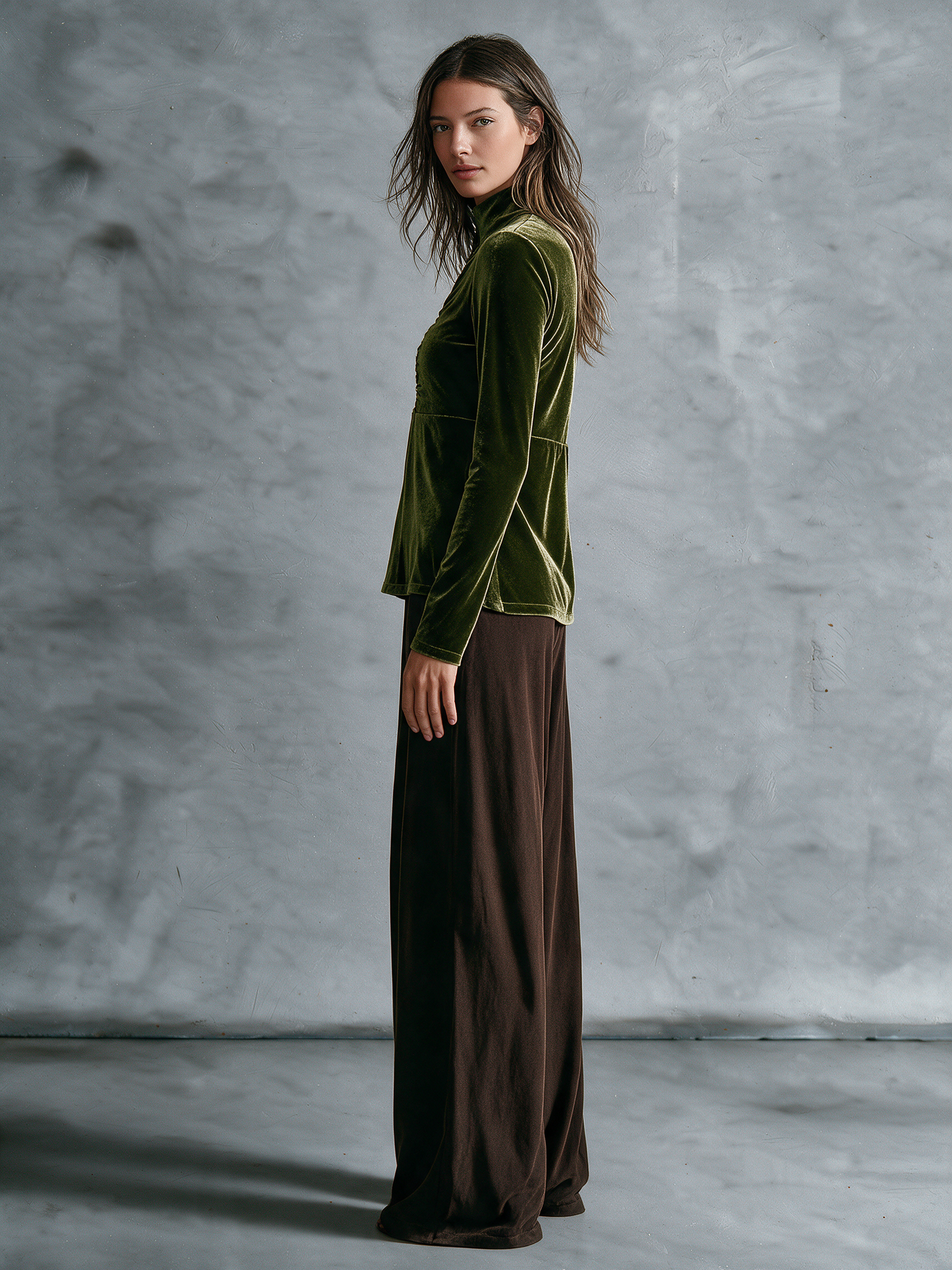 Women's Olive Green Velvet Half‑Zip Mock‑Neck Ruched Top & Brown Knit Wide‑Leg Pants Two‑Piece Set