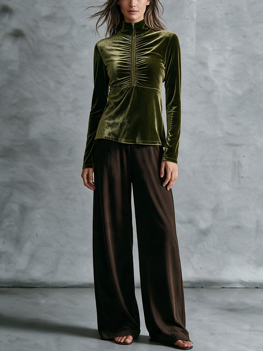Women's Olive Green Velvet Half‑Zip Mock‑Neck Ruched Top & Brown Knit Wide‑Leg Pants Two‑Piece Set