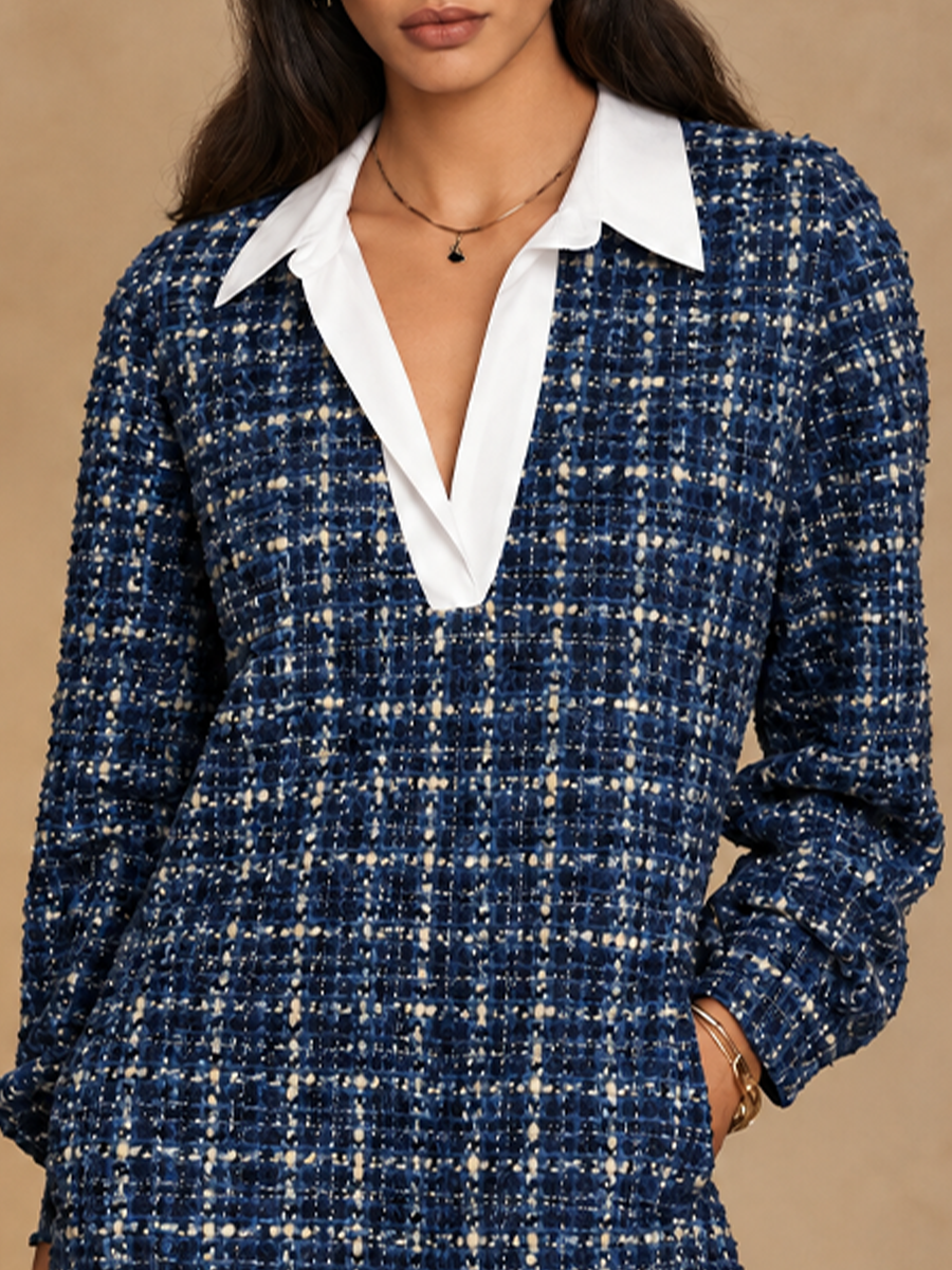 Women's Elegant Plaid Contrast-Collar Mini Dress