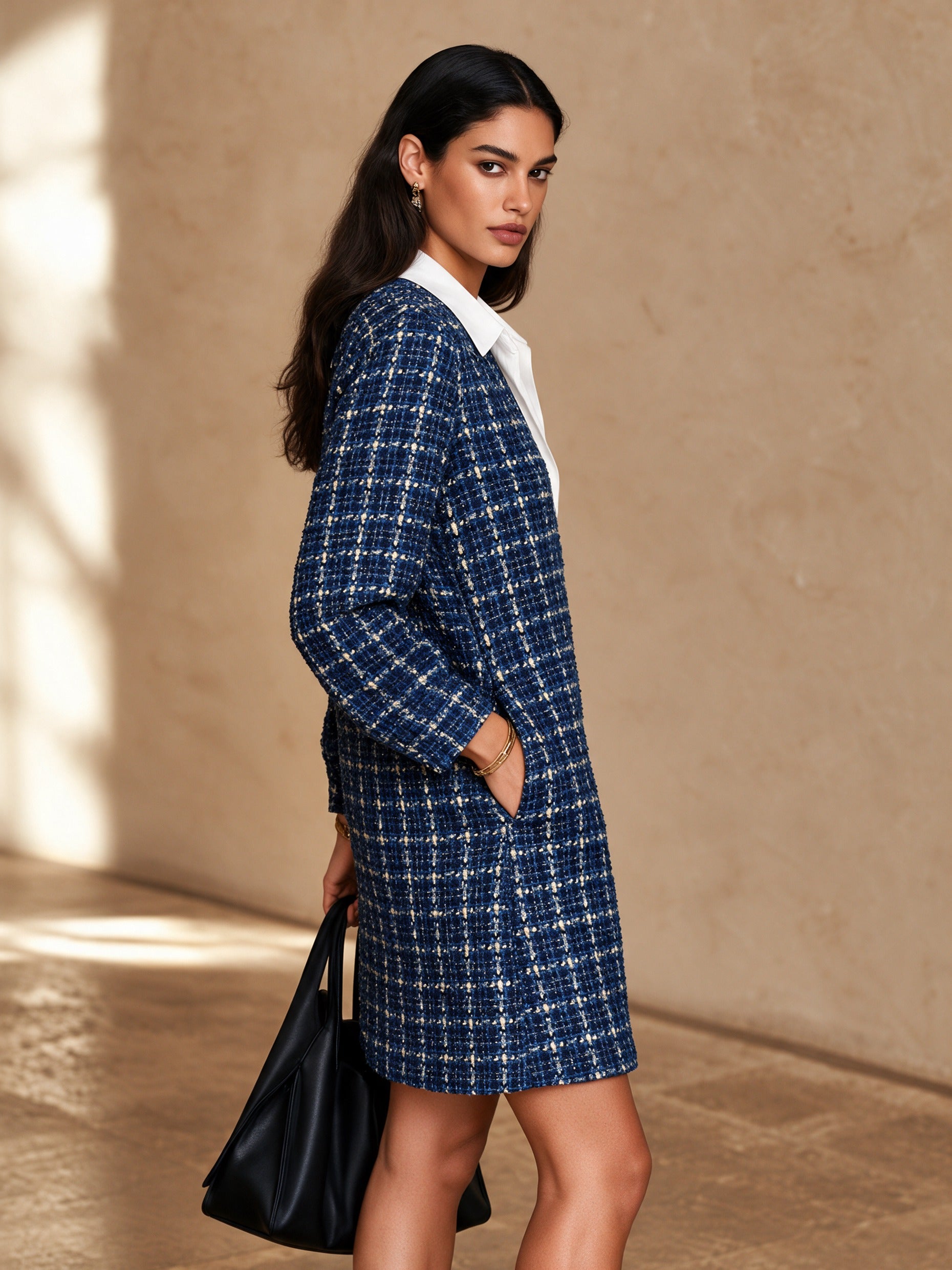 Women's Elegant Plaid Contrast-Collar Mini Dress