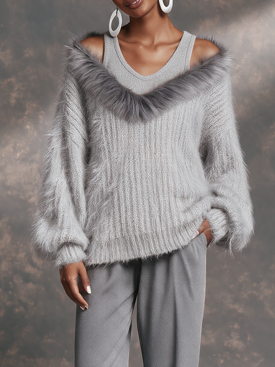 Women's Grey Artificial Fur Trim V-Neck Off-Shoulder Faux Two-Piece Wool Knit Top