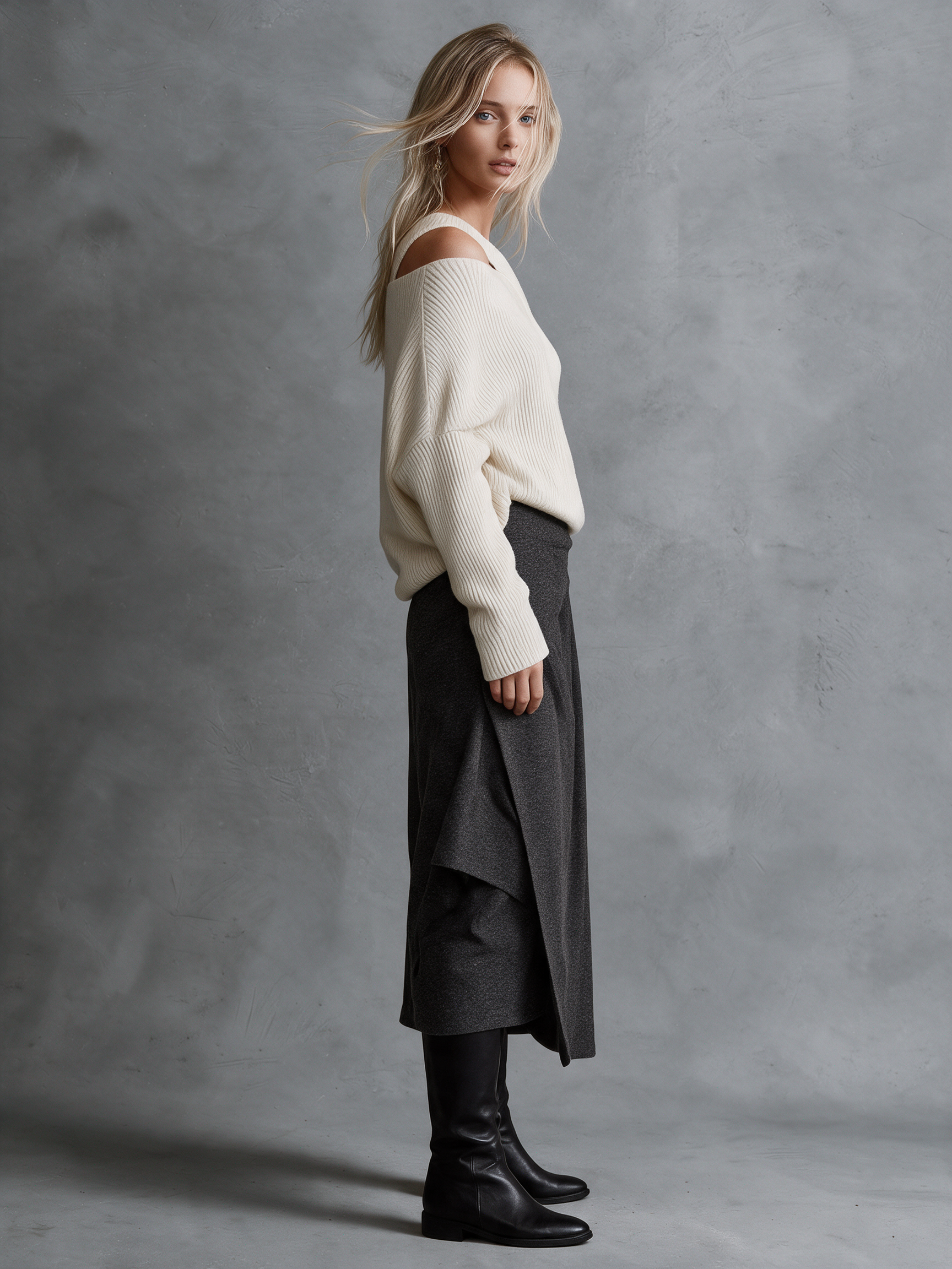 Women's Cream Wool Knit Cutout Off‑Shoulder Sweater & Charcoal Woolen Wrap Midi Skirt Two‑Piece Set