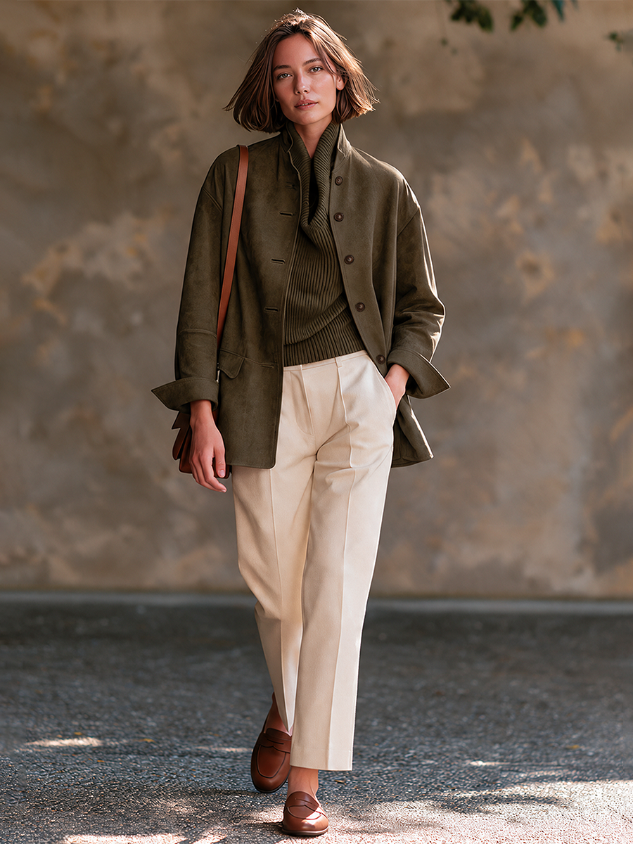 Women’s Casual Suede Jacket With Stand Collar And Single-Breasted Closure
