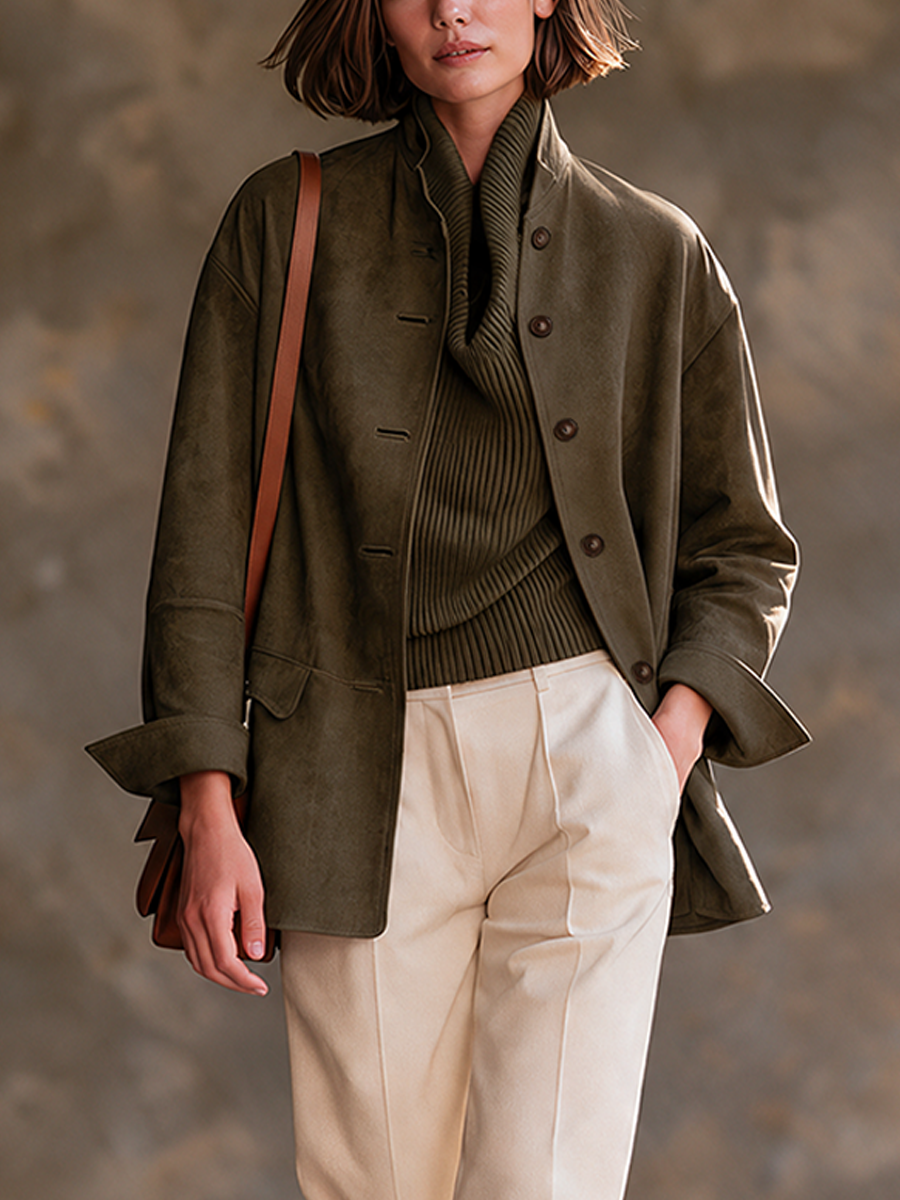 Women’s Casual Suede Jacket With Stand Collar And Single-Breasted Closure