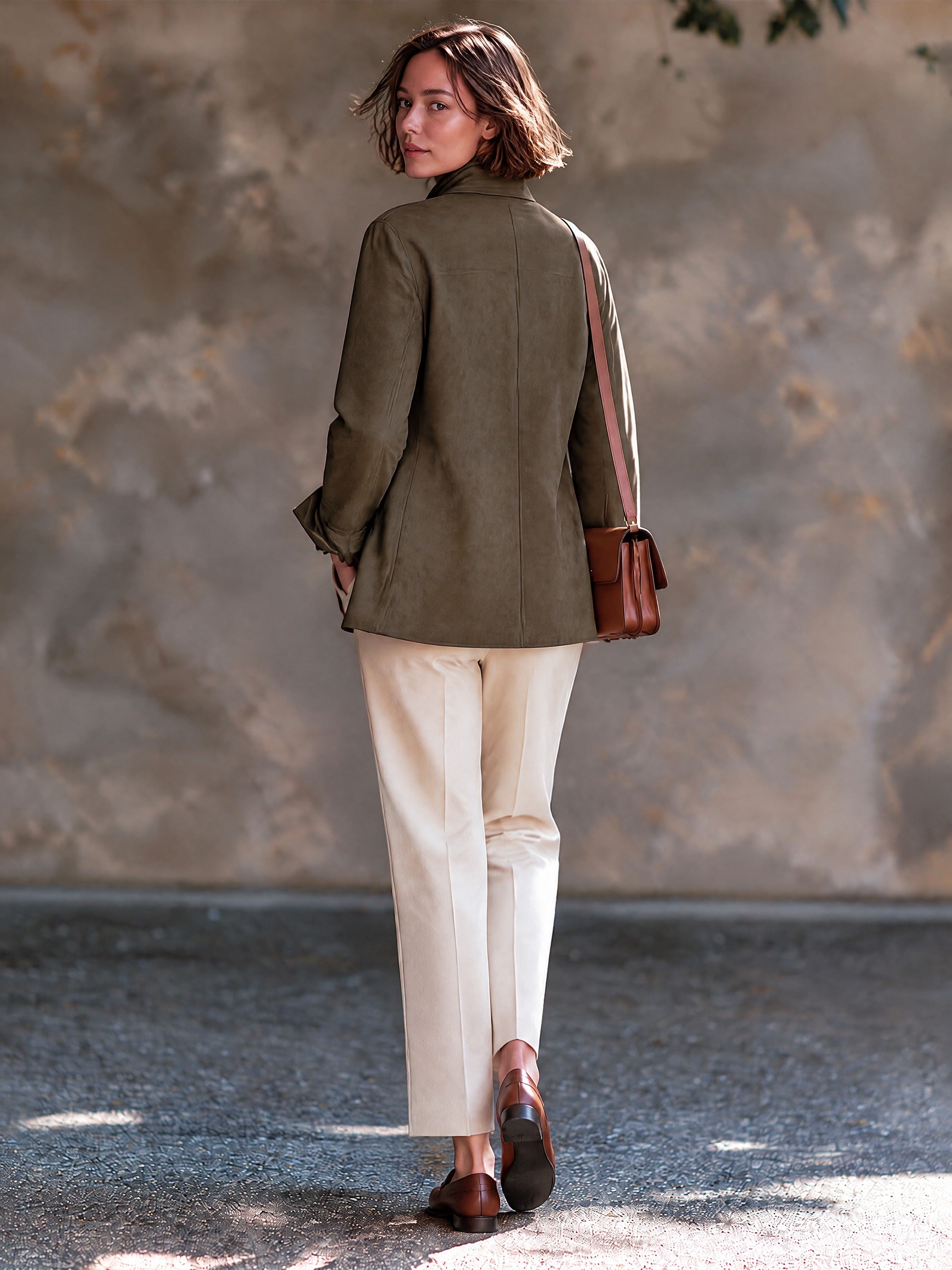 Women’s Casual Suede Jacket With Stand Collar And Single-Breasted Closure