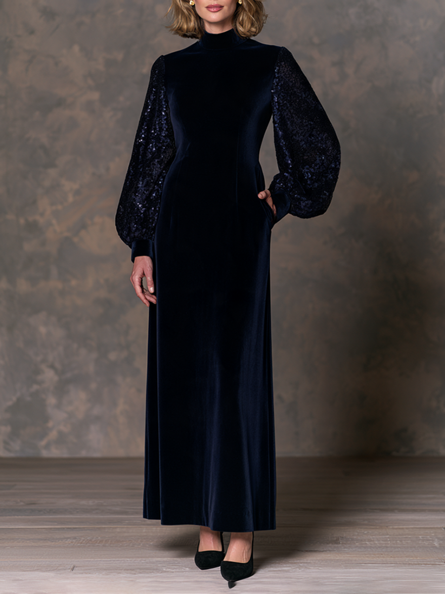 Women's Navy Velvet Sequin Balloon Sleeve Mock Neck Maxi Dress