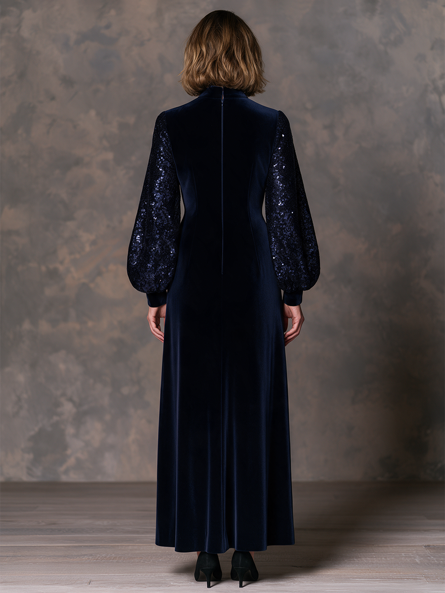 Women's Navy Velvet Sequin Balloon Sleeve Mock Neck Maxi Dress