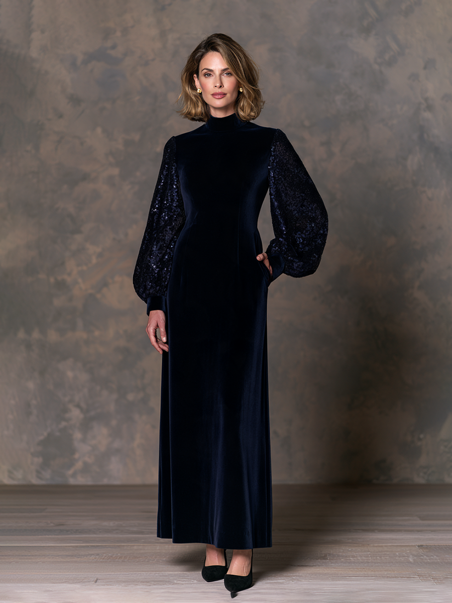 Women's Navy Velvet Sequin Balloon Sleeve Mock Neck Maxi Dress