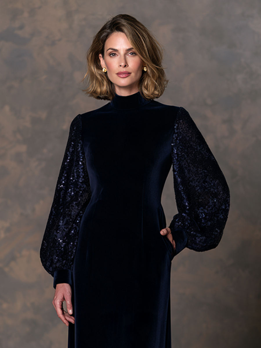 Women's Navy Velvet Sequin Balloon Sleeve Mock Neck Maxi Dress