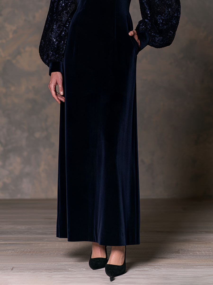 Women's Navy Velvet Sequin Balloon Sleeve Mock Neck Maxi Dress