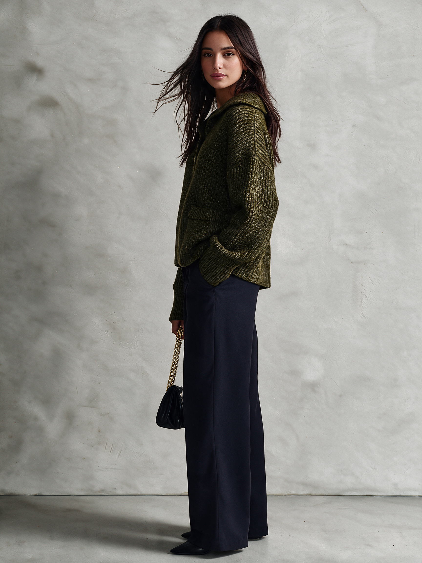 Women's Olive Green Wool Knit Wide Collar Half‑Button Ribbed Pullover Sweater With Patch Pockets