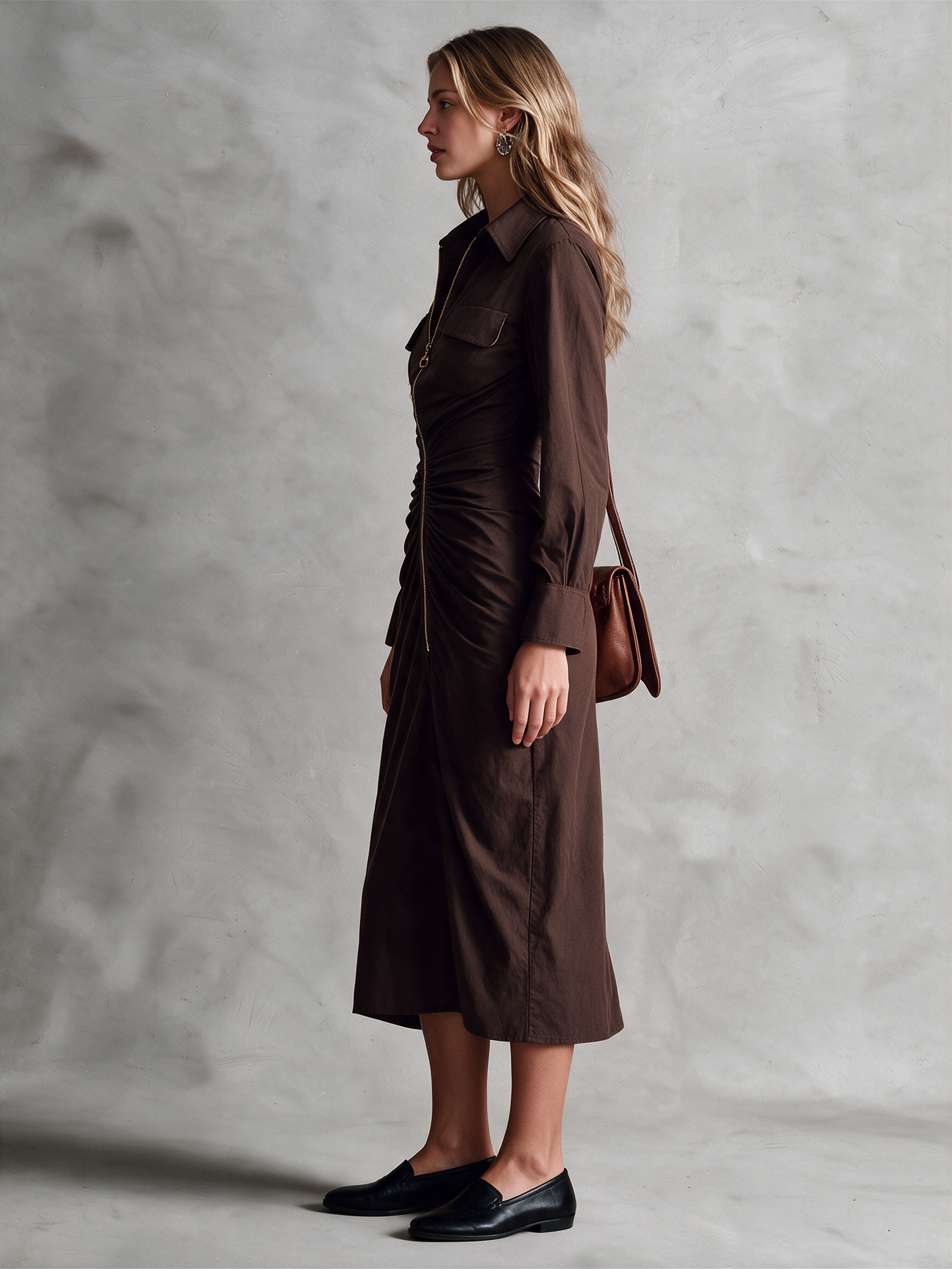 Women's Chocolate Brown Shirt Collar Front Zip Ruched Waist Long Sleeve Midi Dress With Flap Pockets