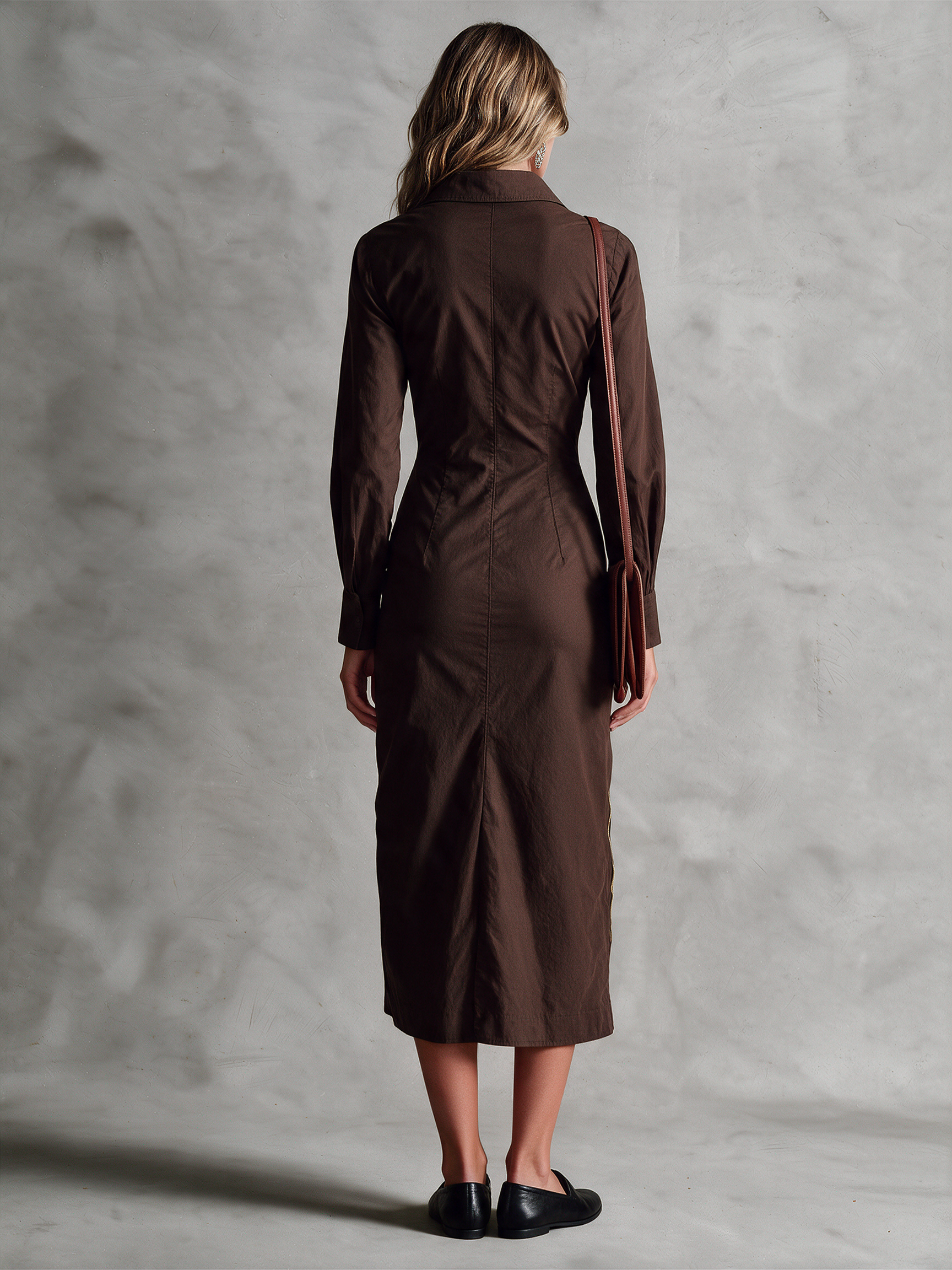 Women's Chocolate Brown Shirt Collar Front Zip Ruched Waist Long Sleeve Midi Dress With Flap Pockets