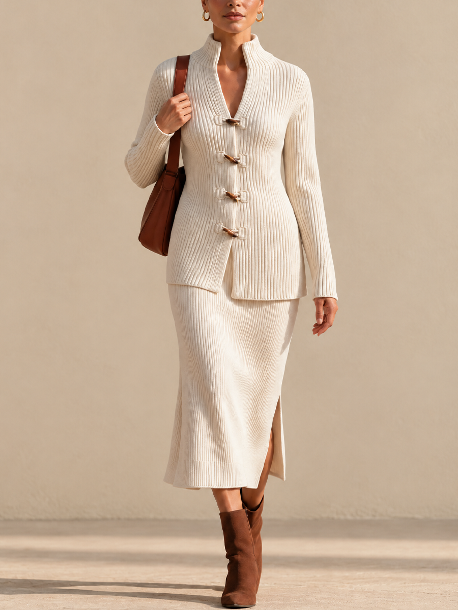 Women's Elegant Toggle-Front Ribbed Knit Stand-Collar Top And Skirt Set