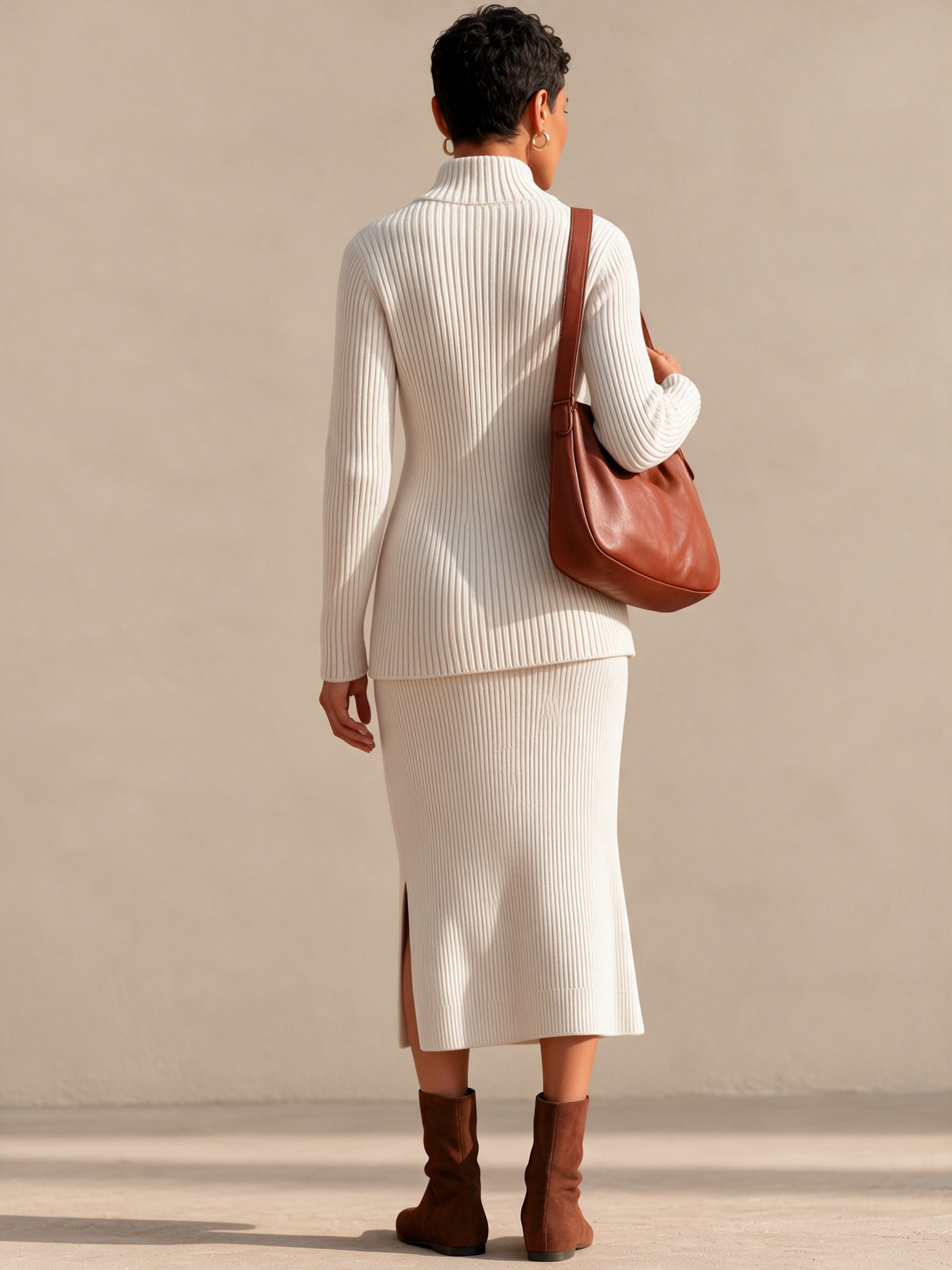Women's Elegant Toggle-Front Ribbed Knit Stand-Collar Top And Skirt Set