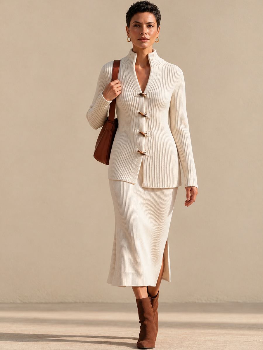 Women's Elegant Toggle-Front Ribbed Knit Stand-Collar Top And Skirt Set