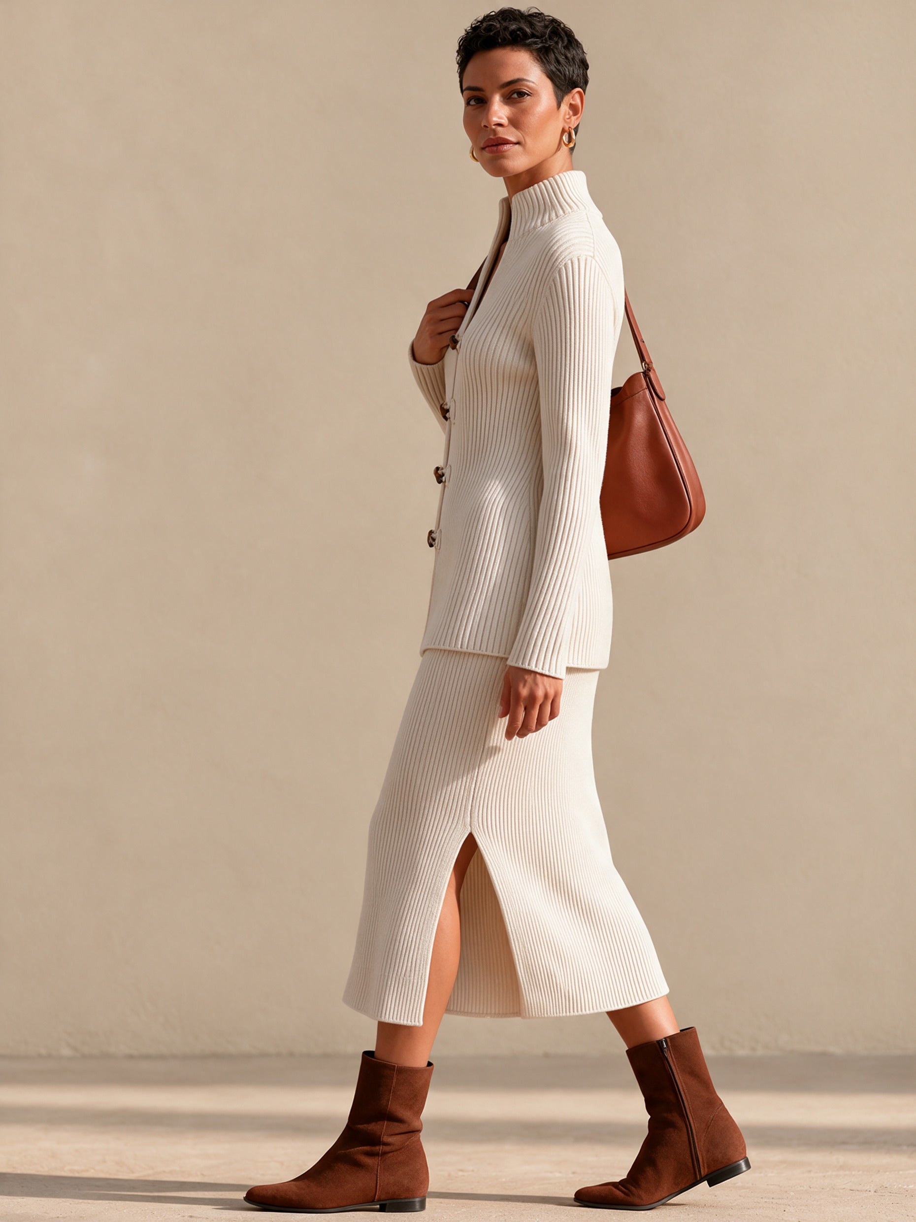 Women's Elegant Toggle-Front Ribbed Knit Stand-Collar Top And Skirt Set