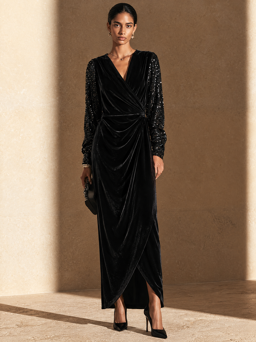 Women's Elegant Sequin-Sleeve V-Neck Wrap Maxi Dress
