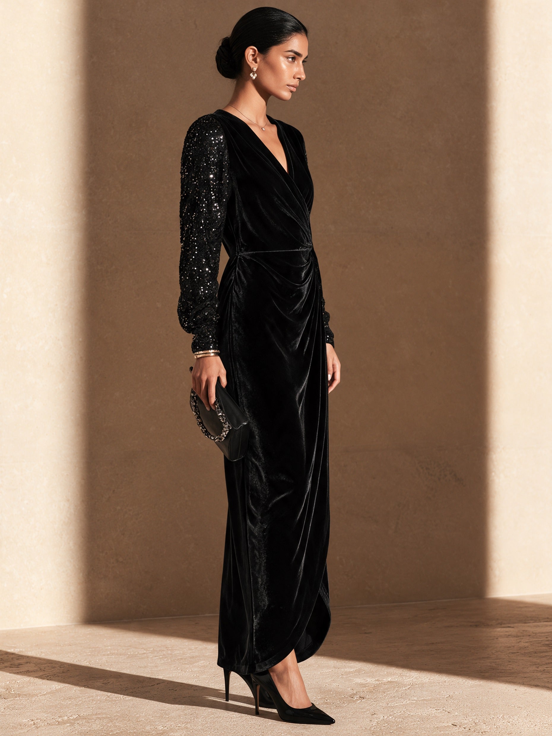 Women's Elegant Sequin-Sleeve V-Neck Wrap Maxi Dress
