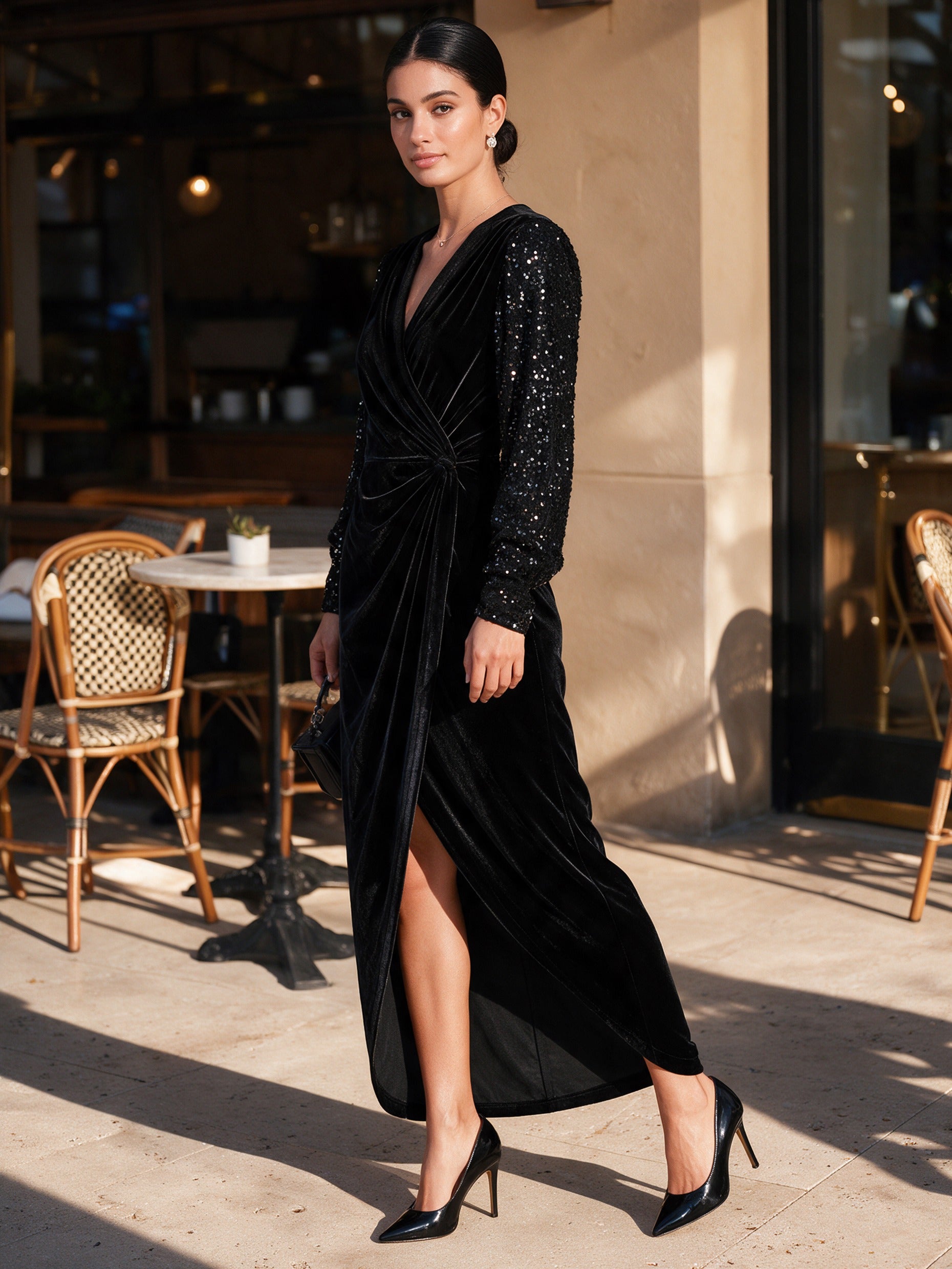 Women's Elegant Sequin-Sleeve V-Neck Wrap Maxi Dress