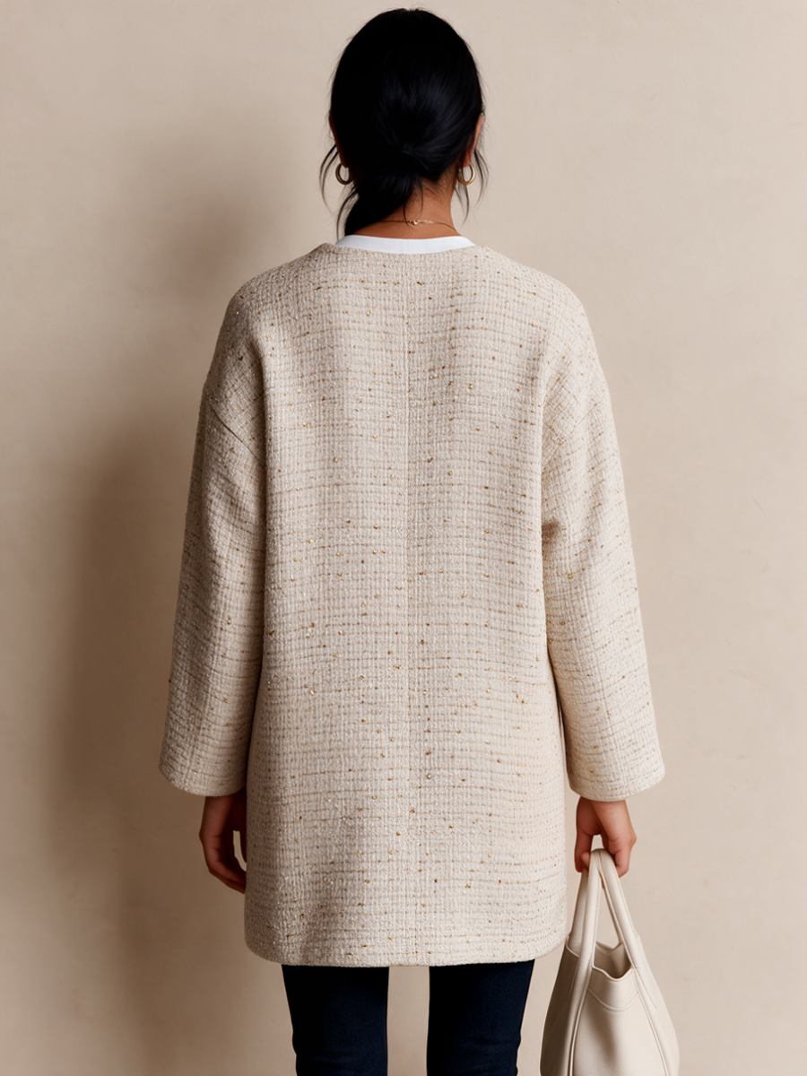 Women's French-Inspired Gold-Button Round-Neck Tweed Coat