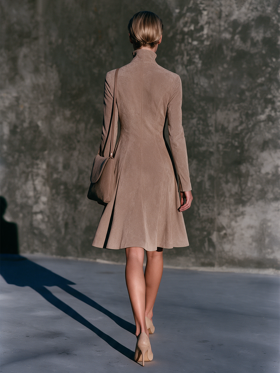 Women's Light Camel Faux Suede Stand Collar Front Zip A-Line Midi Dress