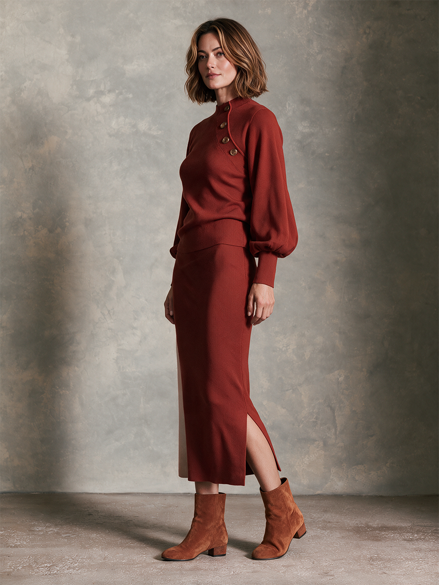 Women's Rust Red Mock Neck Diagonal Button Balloon Sleeve Wool Knit Top