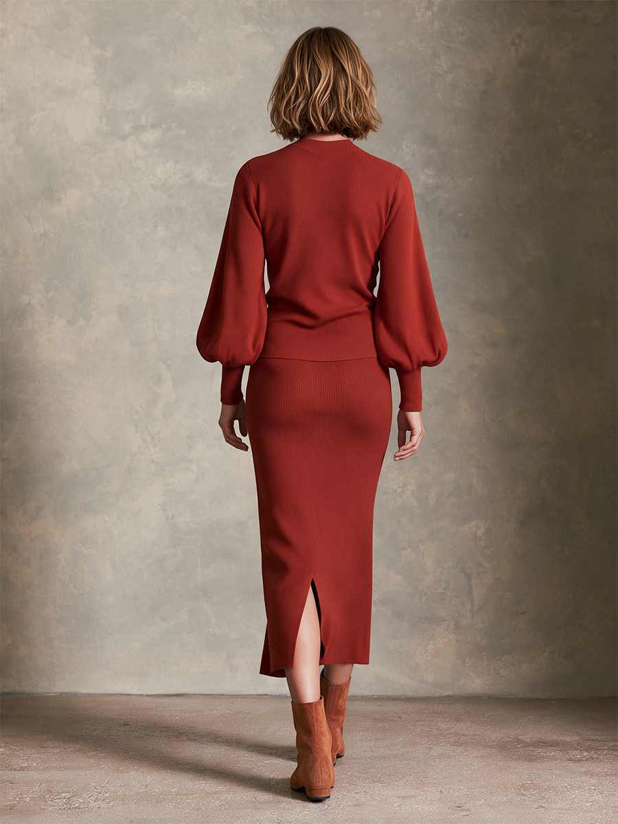 Women's Rust Red Rib Wool Knit Side Slit Midi Skirt