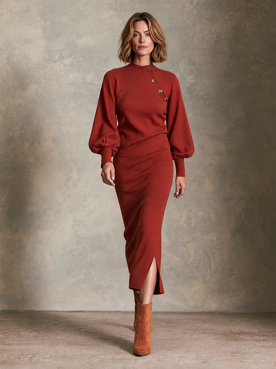 Women's Rust Red Rib Wool Knit Side Slit Midi Skirt