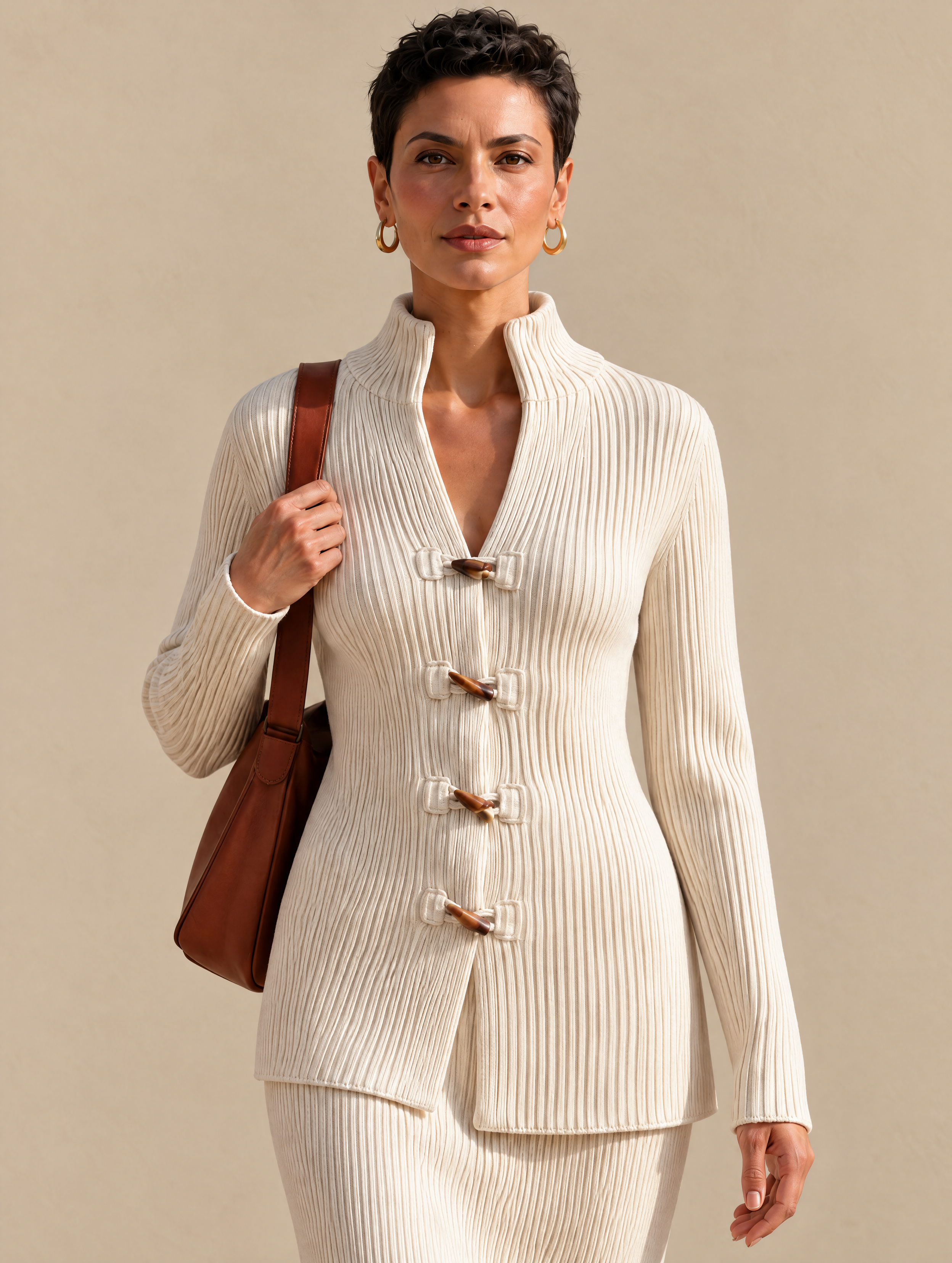 Women's Ribbed Toggle Front Knit Top