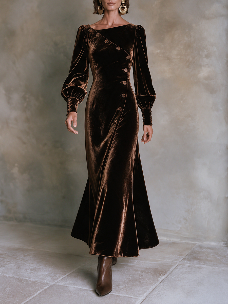Women's Coffee Brown Velvet Diagonal-Button Balloon Sleeve Maxi Dress