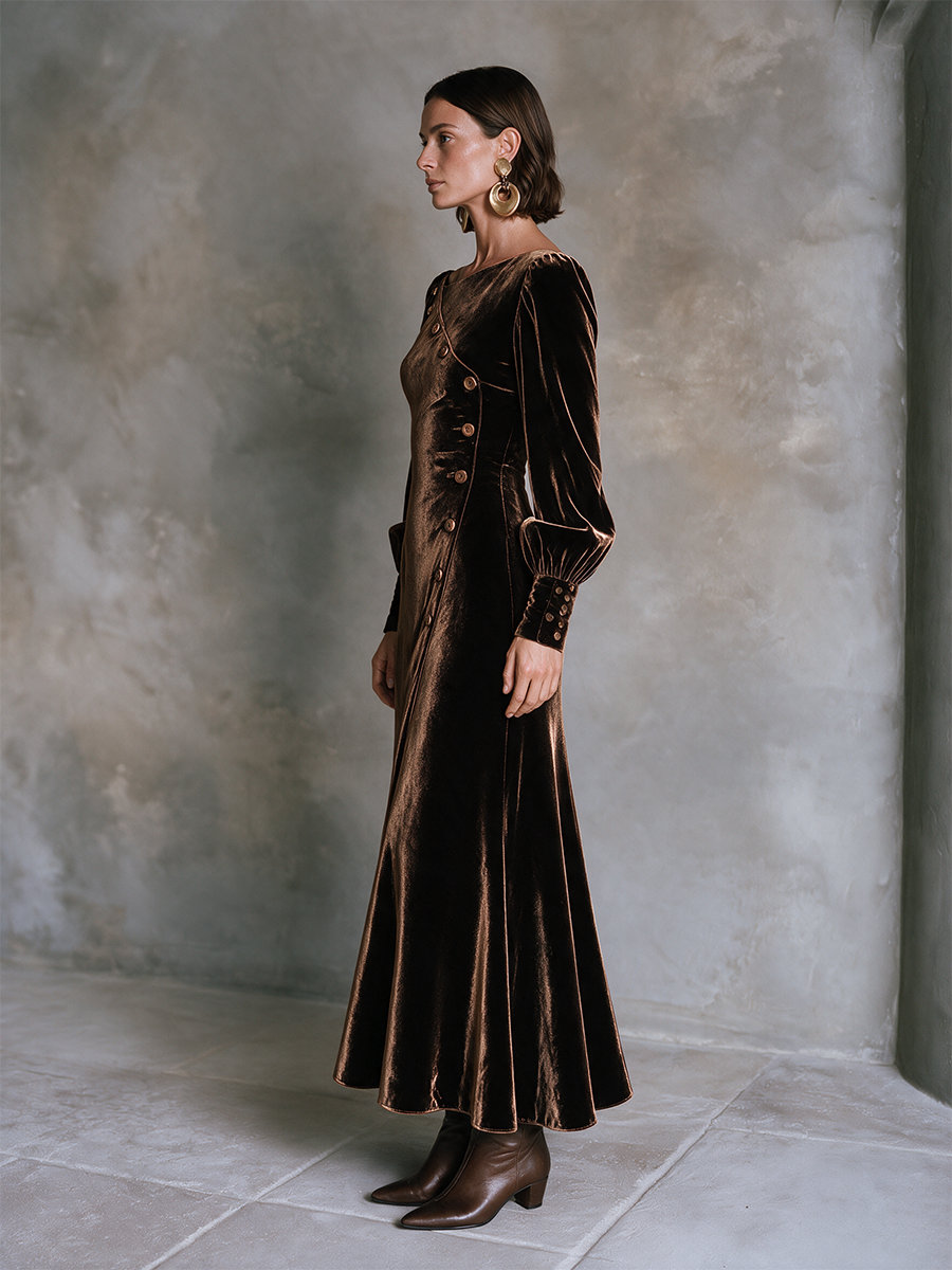 Women's Coffee Brown Velvet Diagonal-Button Balloon Sleeve Maxi Dress