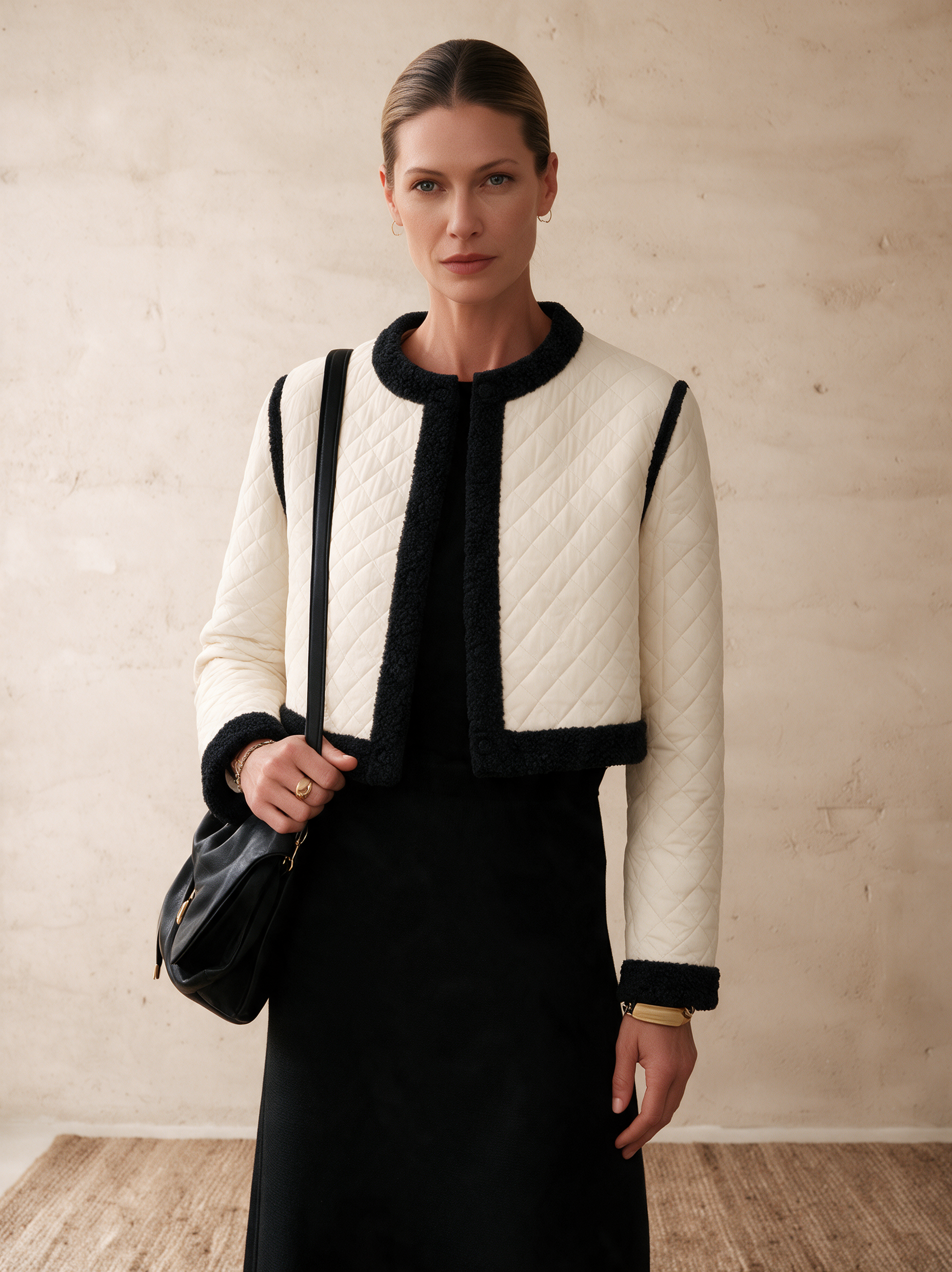Women’s Quilted Short Jacket With Faux Shearling Trim