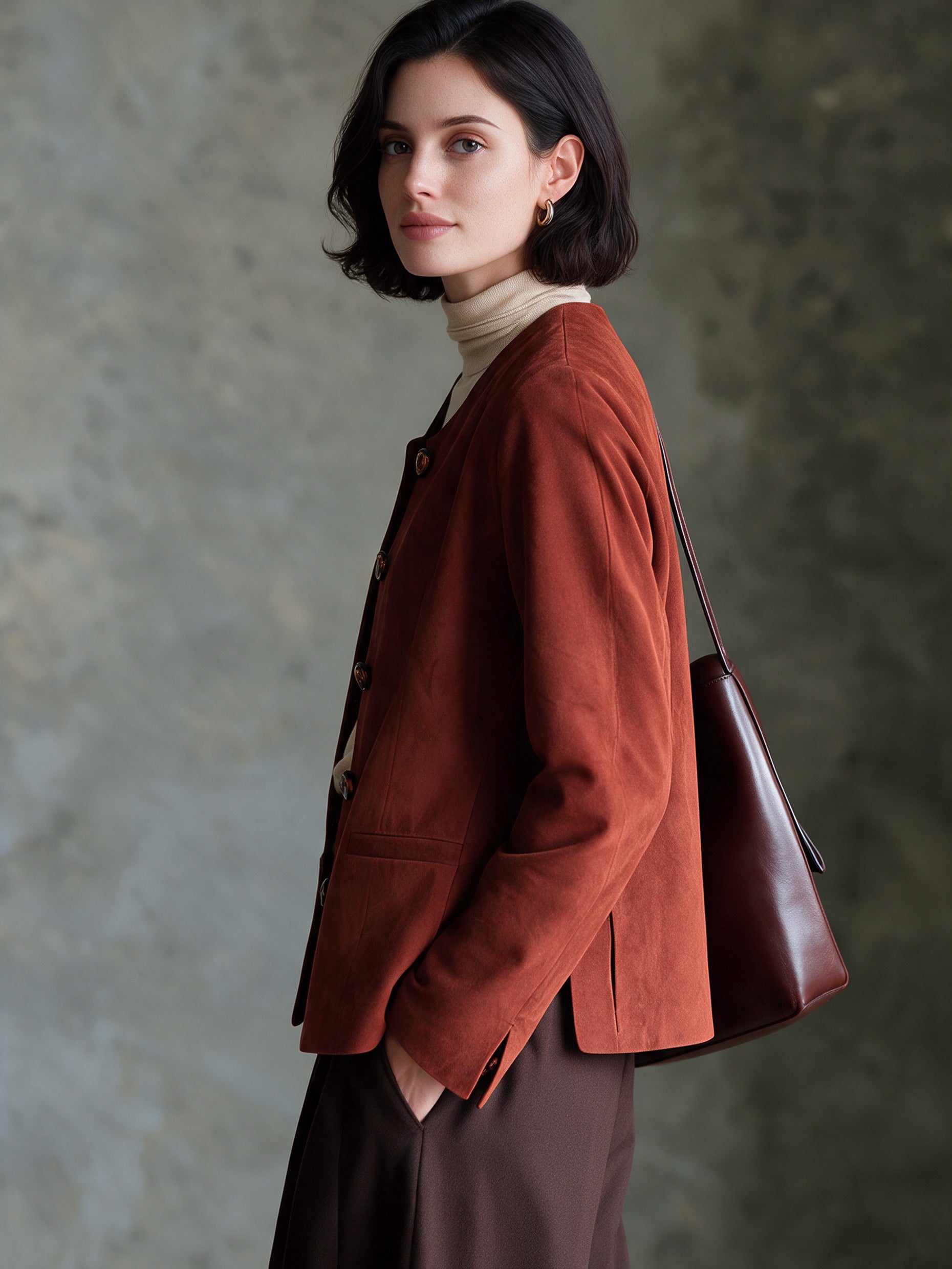 Women’s Minimalist Crew-Neck Suede Jacket